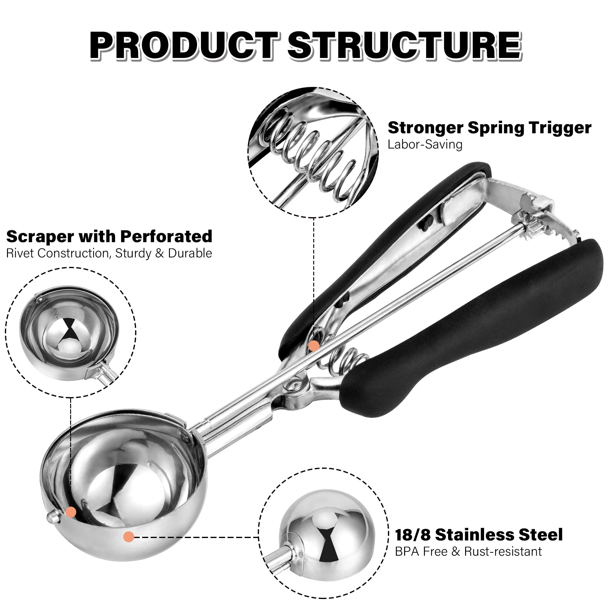 Cookie Scoop 3 Tbsp, Tj Pop Professional Stainless Steel Ice Cream Scoop 50 Mm, Good Soft Grips, Quick Trigger Release, 45 Ml