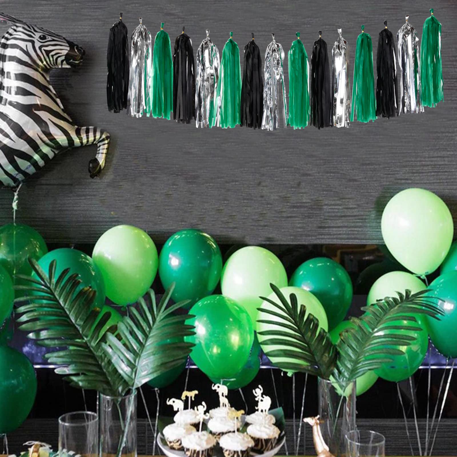 Black Green Silver Tassel Garland - 15pcs Soccer Party Supplies Tassels Graduation Backdrop Decorations Men Boys Birthday Spring