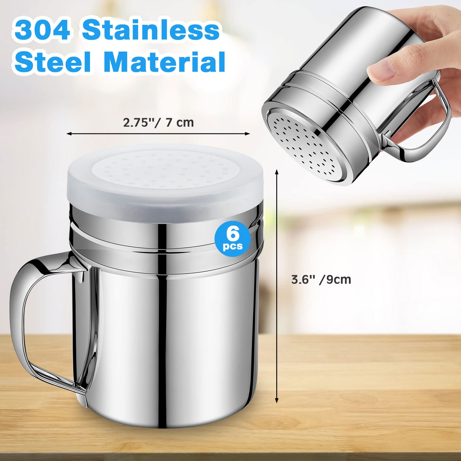 6 Pcs 10Oz Stainless Steel Salt And Pepper Shakers With Lid And Handle Dredge Spice Shaker Seasoning Sugar Shaker Condiment Popc