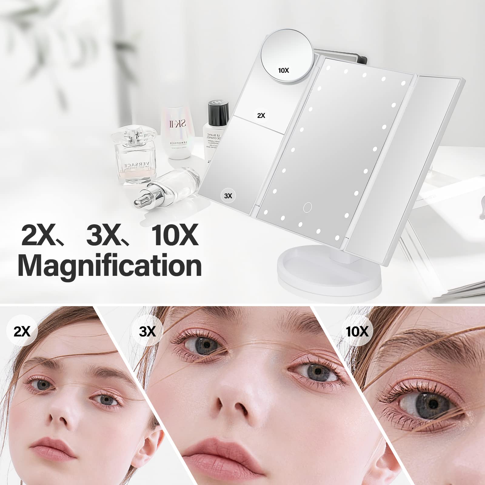 Dencert Makeup Mirror Vanity Mirror With Lights 1X 2X 3X 10X Magnification, Lighted Makeup Mirror, Touch Control, Tri-Fold Porta
