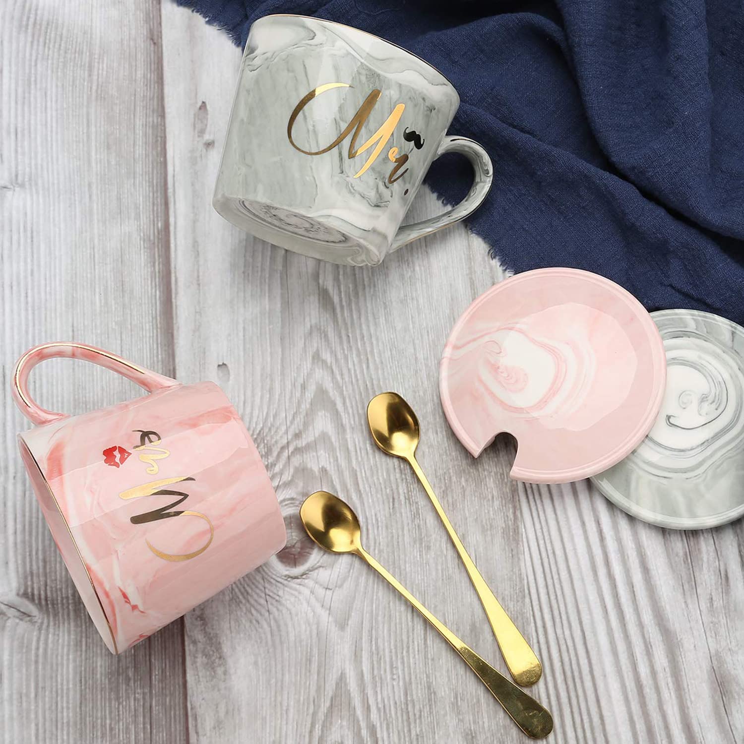 EXREIZST Mr And Mrs Couple Coffee Mugs Set- Wedding Gifts for Bride and Groom Mugs  His and Hers Gifts Anniversary  Bridal Gifts for Engagement Birthday Party - Married Couples Ceramic Marble Cups
