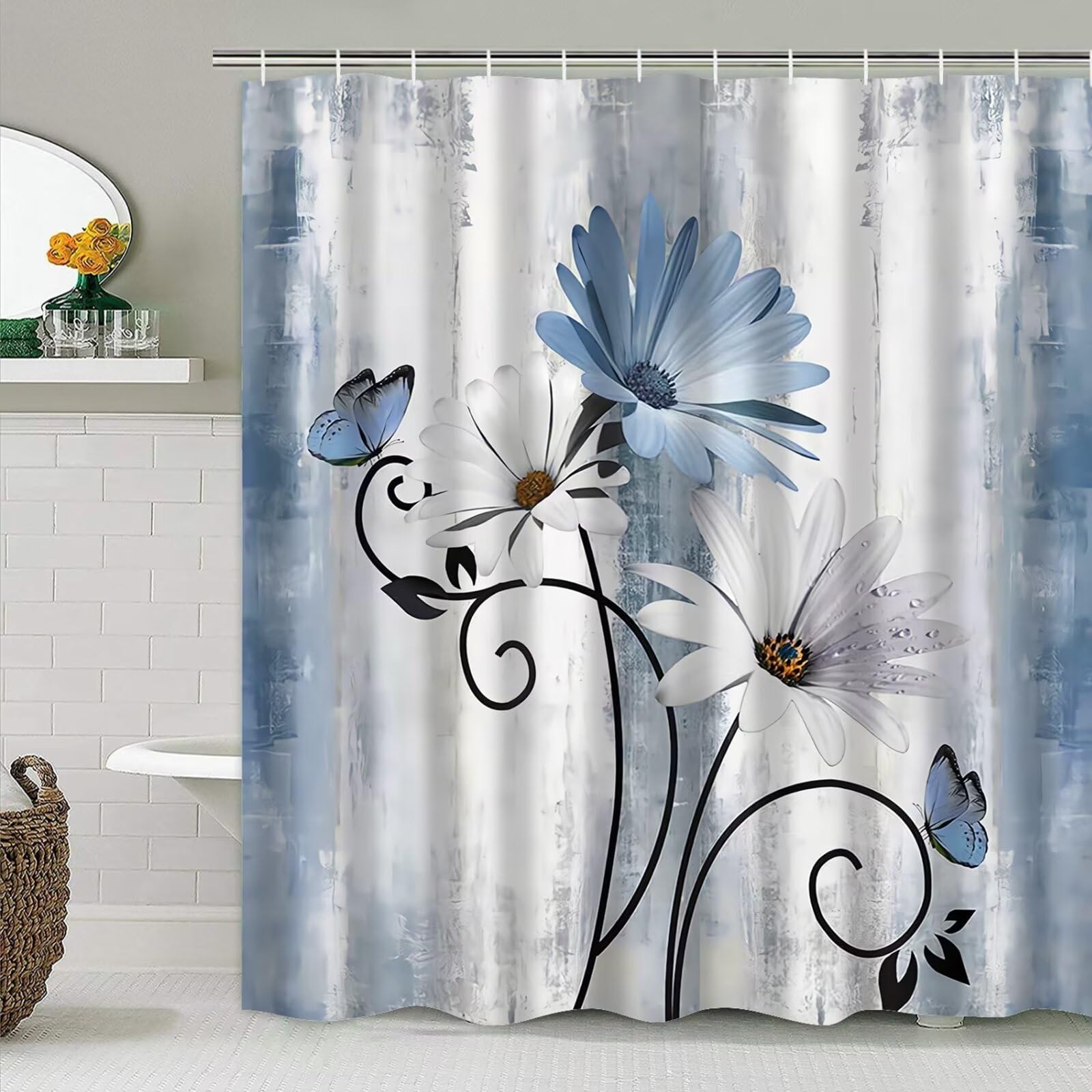 Azhm Blue Daisy Flower Shower Curtain Set 4Pcs Rustic Farmhouse Bathroom Decor Set With Shower Curtain And Rugs And Accessories