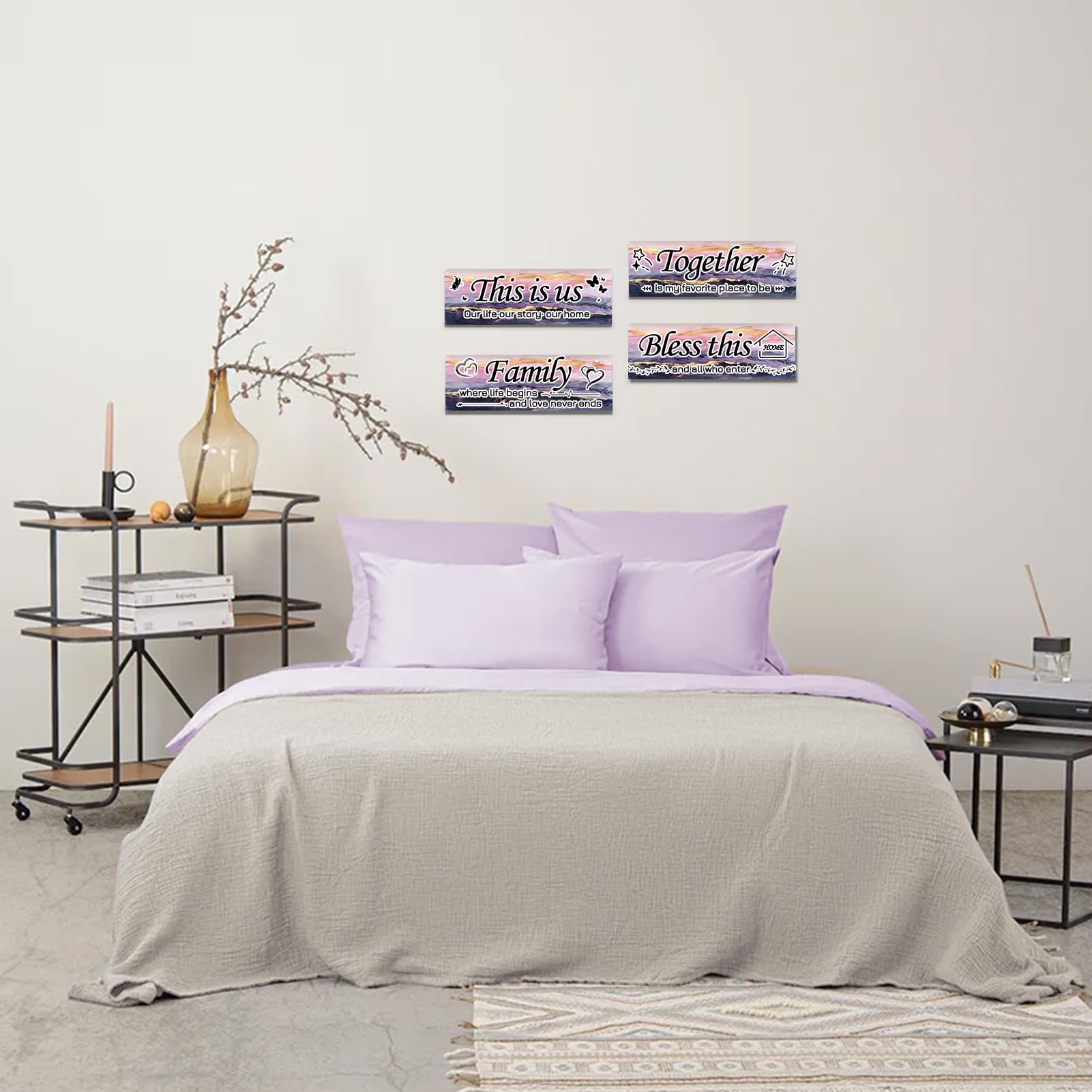 Lnond 4 Pieces Pink Purple Gold Marble Living Room Wall Decor, Motivational Home Family Rustic Wall Art Decor for Bedroom Living