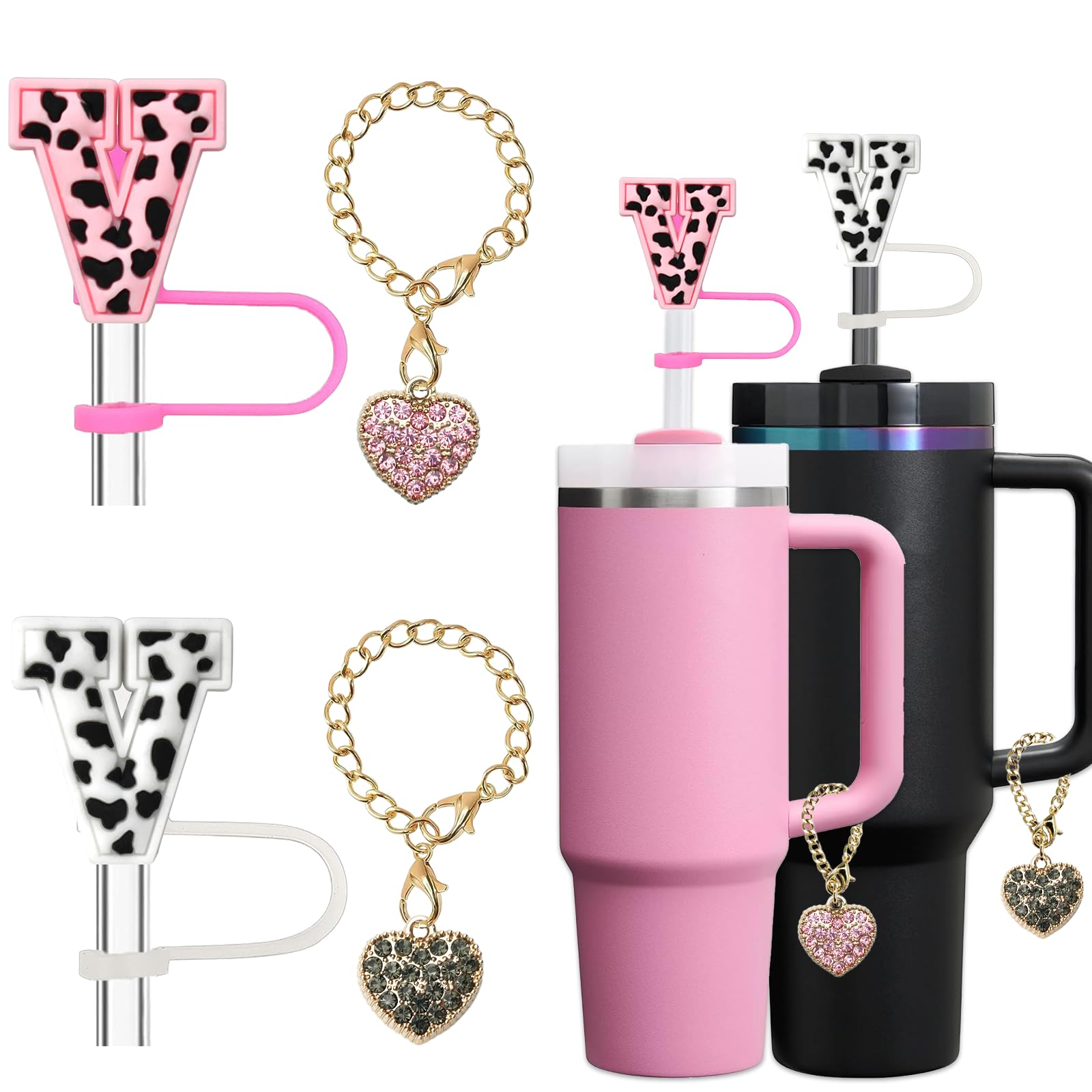 (2+2) 2 Pcs Straw Cover For Stanley Cup 30 & 40 Oz Tumbler Accessories, Leopard Initial Letter Straw Topper Cap Protector Lid Wi