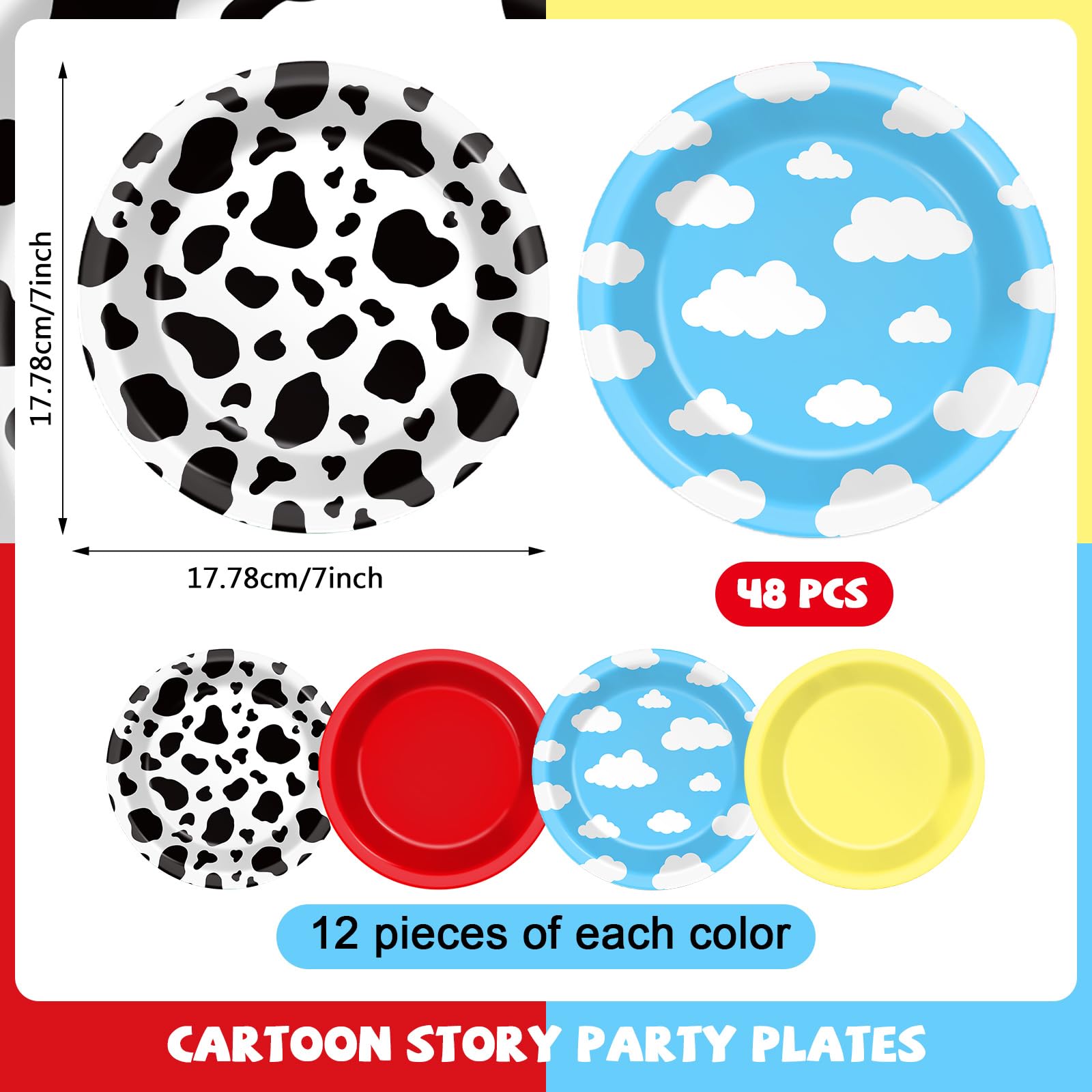 48Pcs Cartoon Story Birthday Party Paper Plates For Toy Inspire Game Story Party Supplies 7'' Cow Print Sky Blue Cloud Birthday