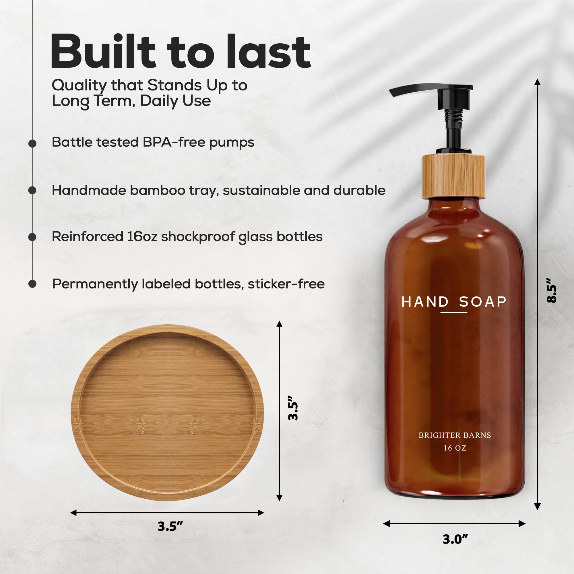 Amber Glass Hand Soap Dispenser Bathroom Set By Brighter Barns - Hand Soap Dispenser For Kitchen Sink & Bathroom - Bamboo Soap D