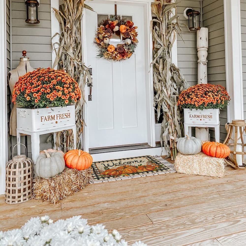GEEORY Fall Kitchen Mats Set of 2, Striped Pumpkins Bowknot Floor Mat Farmhouse Seasonal Holiday Thanksgiving Decorations 17x29