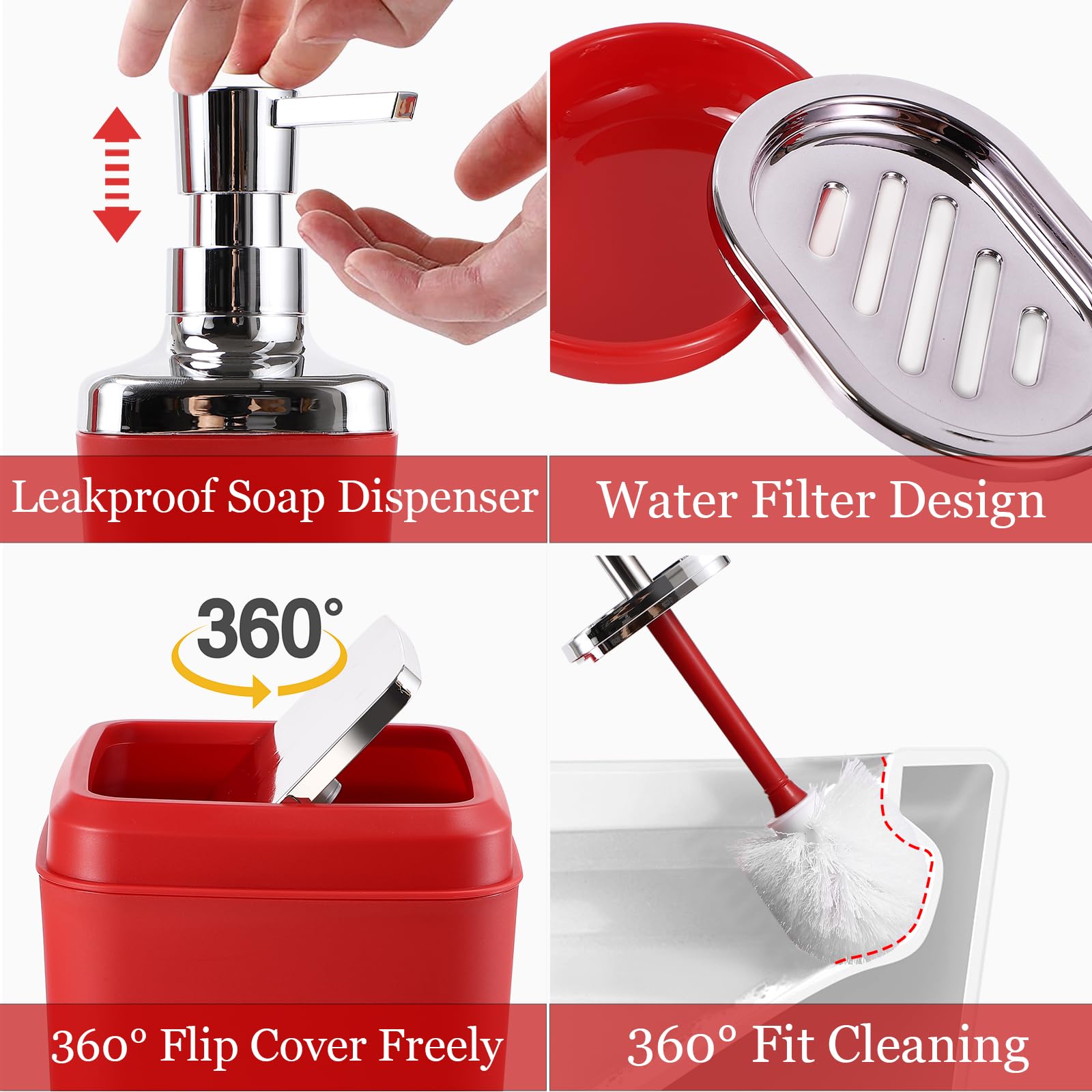 Dark Red Bathroom Accessory Set, 9-Piece Burgundy Bathroom Set With Trash Can, Toothbrush Holder, Toothbrush Cup, Soap Dispenser