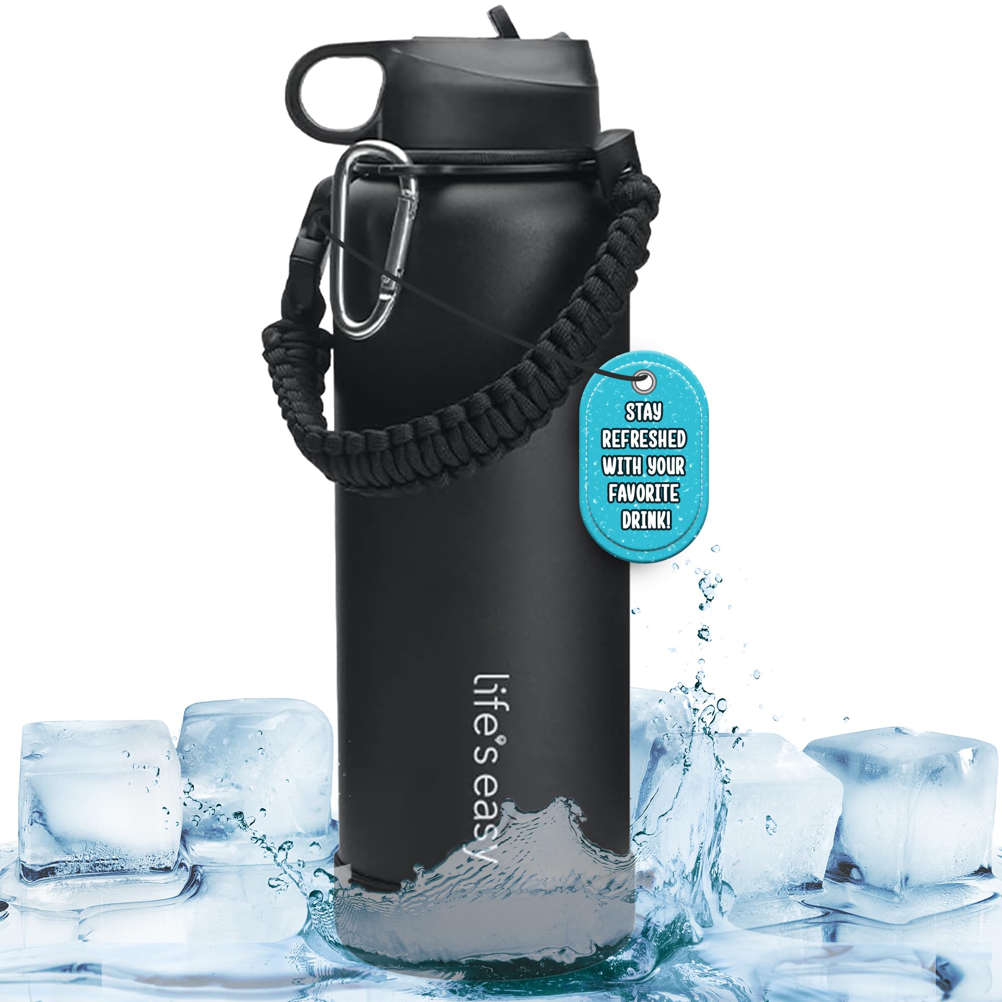 Life'S Easy Stainless Steel Insulated Water Bottle - Sports Water Bottle W/Straw Lid And Paracord Carabiner Handle Carrier- Vacu