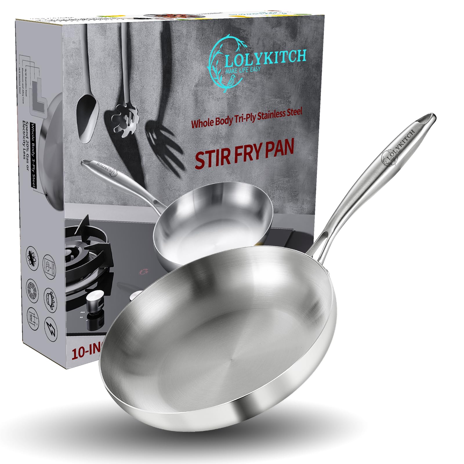 Lolykitch 10 Inch Tri-Ply Stainless Steel Frying Pan,Skillet,Chef'S Pan,Induction Pan,Dishwasher And Oven Safe.