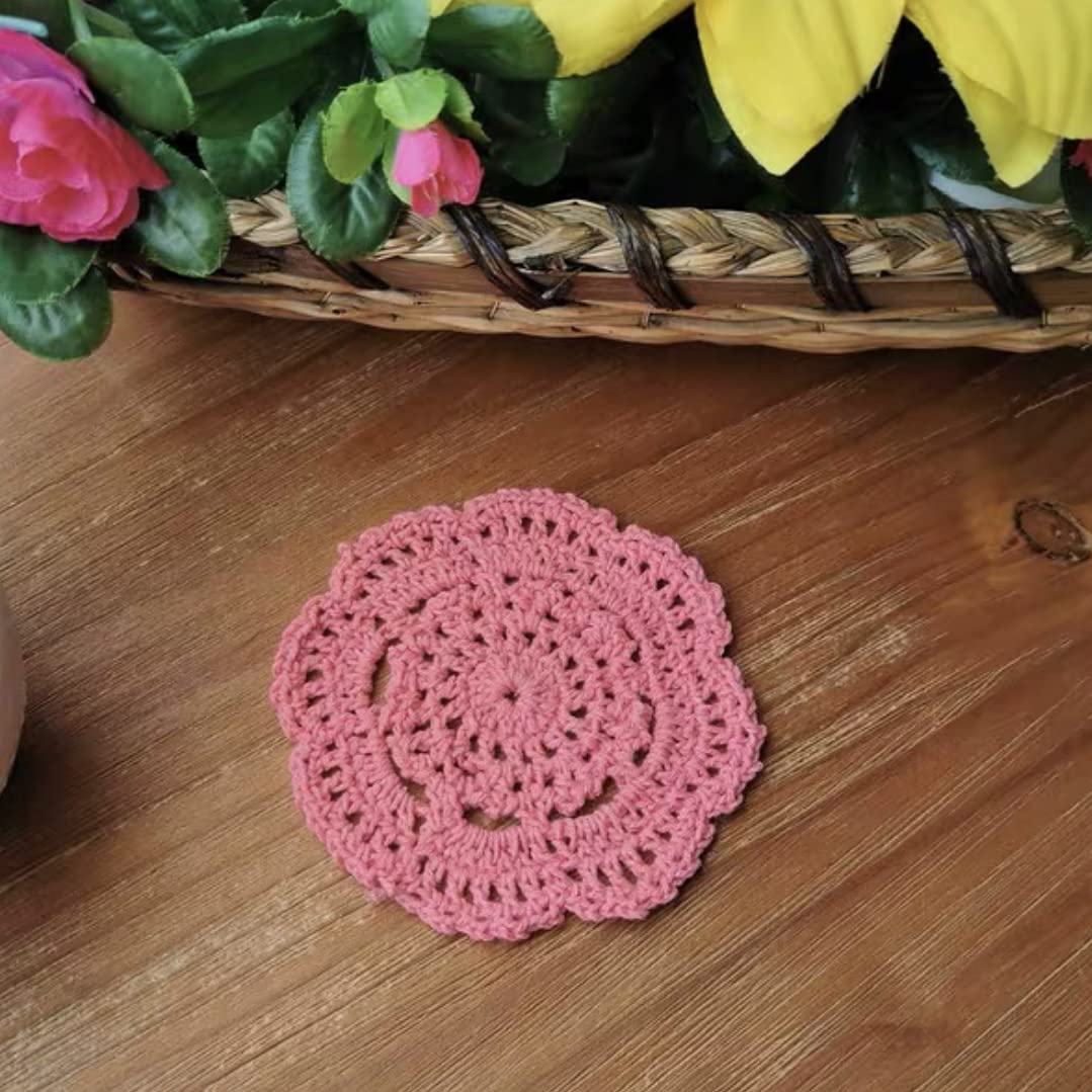 Phantomon Lace Round Crochet Doilies Handmade Coasters, 4-Inch, Pack Of 4 (Pink)