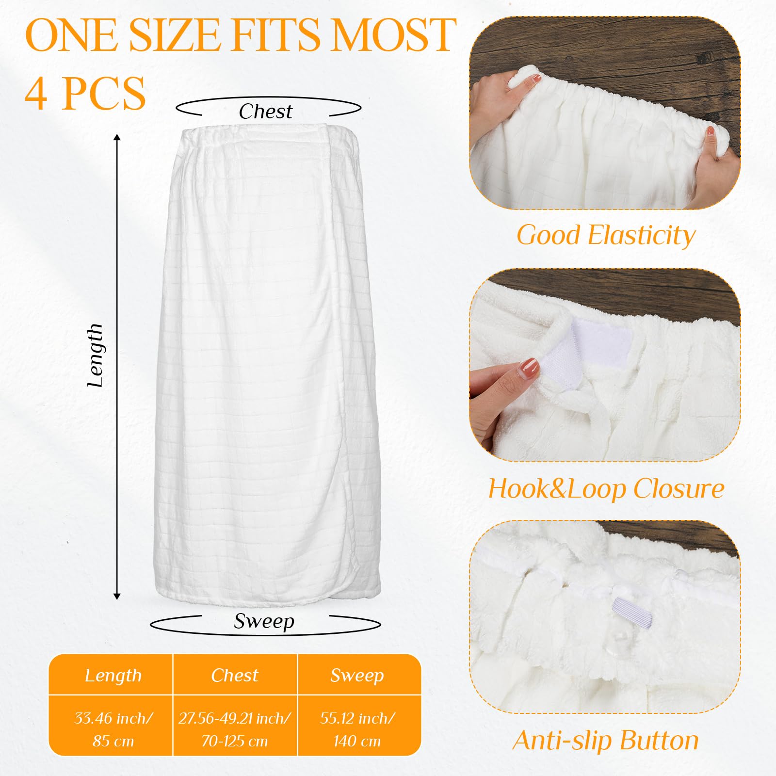 4 Pcs Spa Wrap Towel Wrap For Women Spa Robe With Adjustable Closure Elastic Top Lightweight Wraps For Bath Shower (White,Bow)