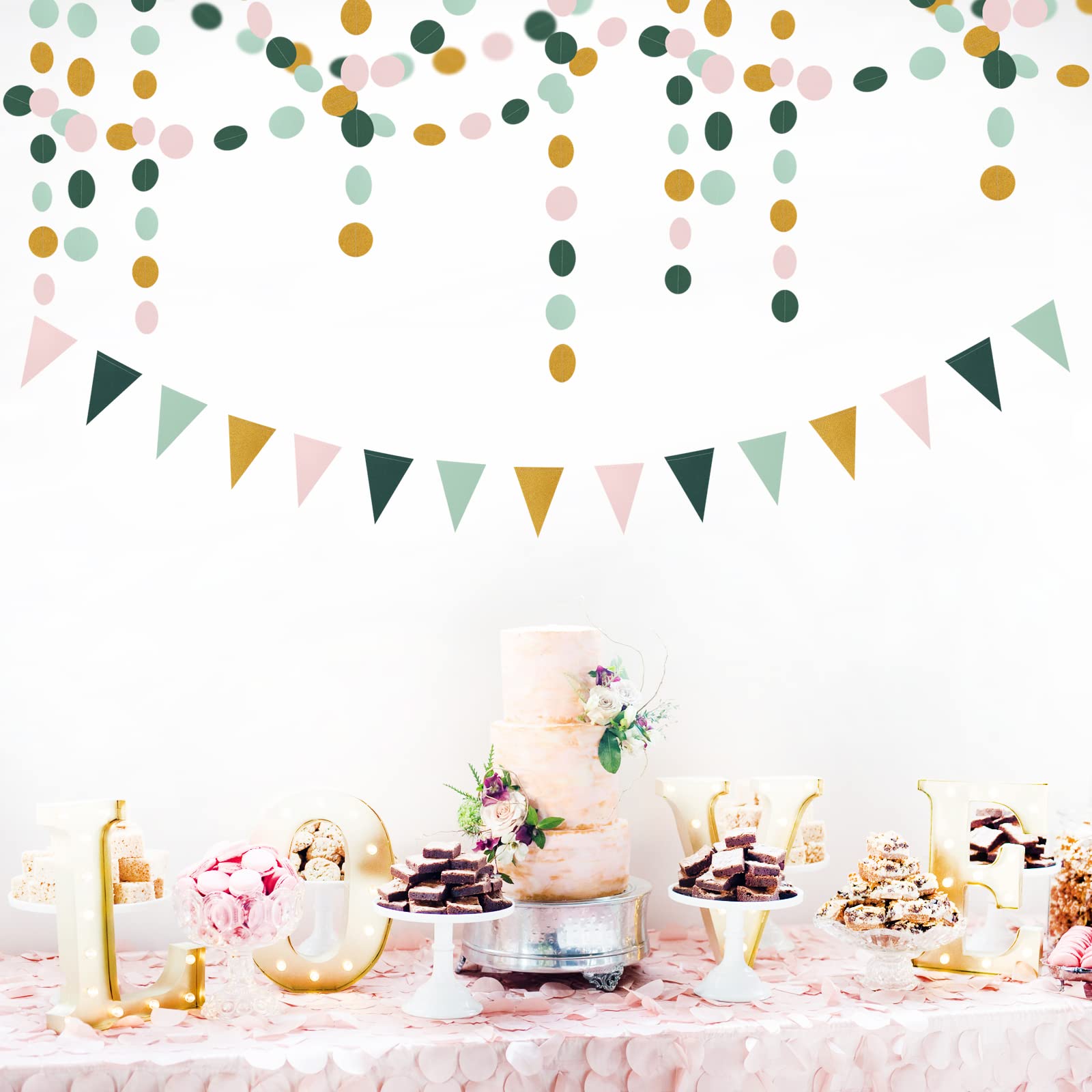 Sage-Green Pink Gold Paper Garland - 52Ft Glitter Paper Hanging Decoration Streamer Banner,Baby Bridal Shower Safari Birthday Tr
