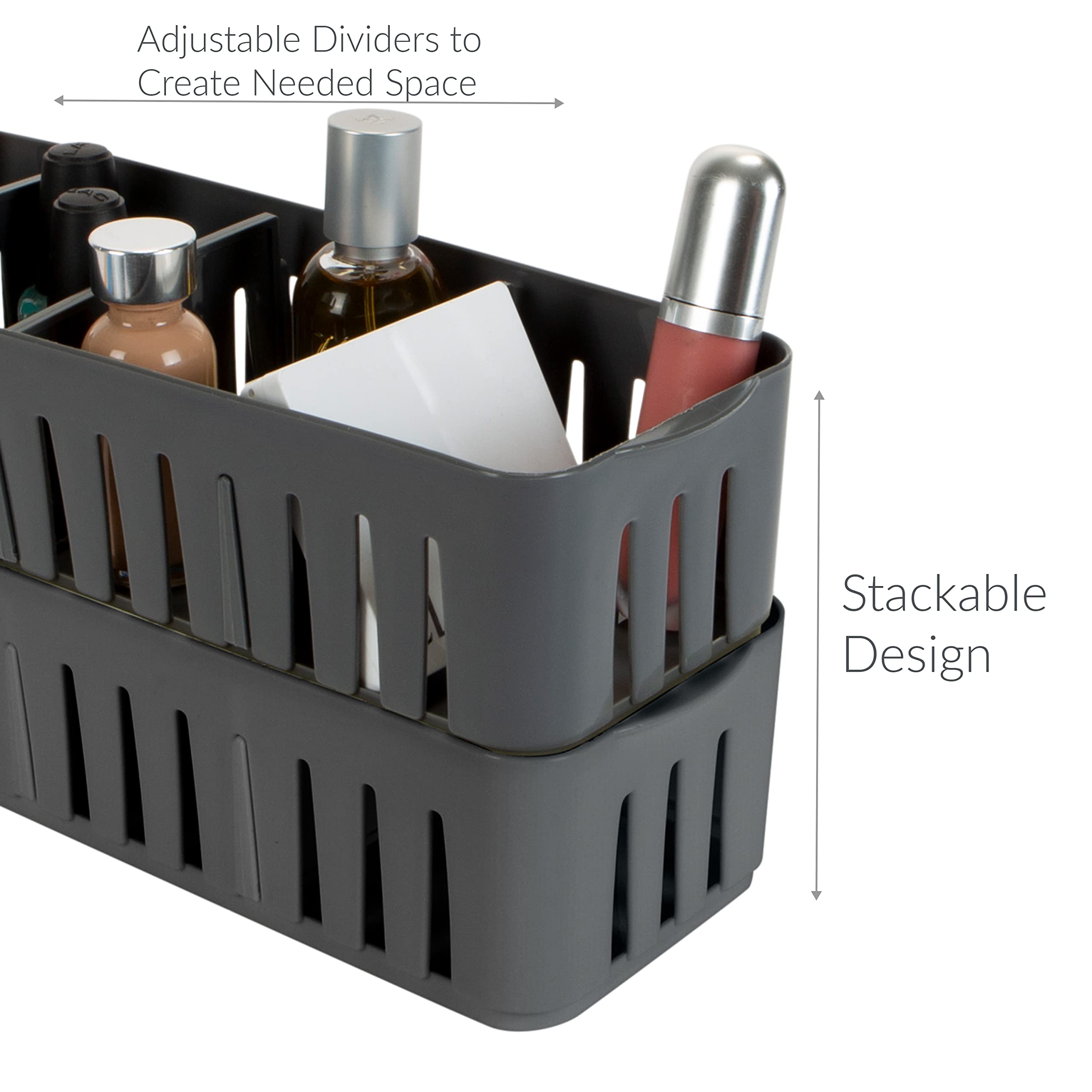 Simplify 2 Pack 4 Compartment Stackable Bin with Adjustable Dividers | Drawer Organizer | Storage Basket | Good for Office | Des