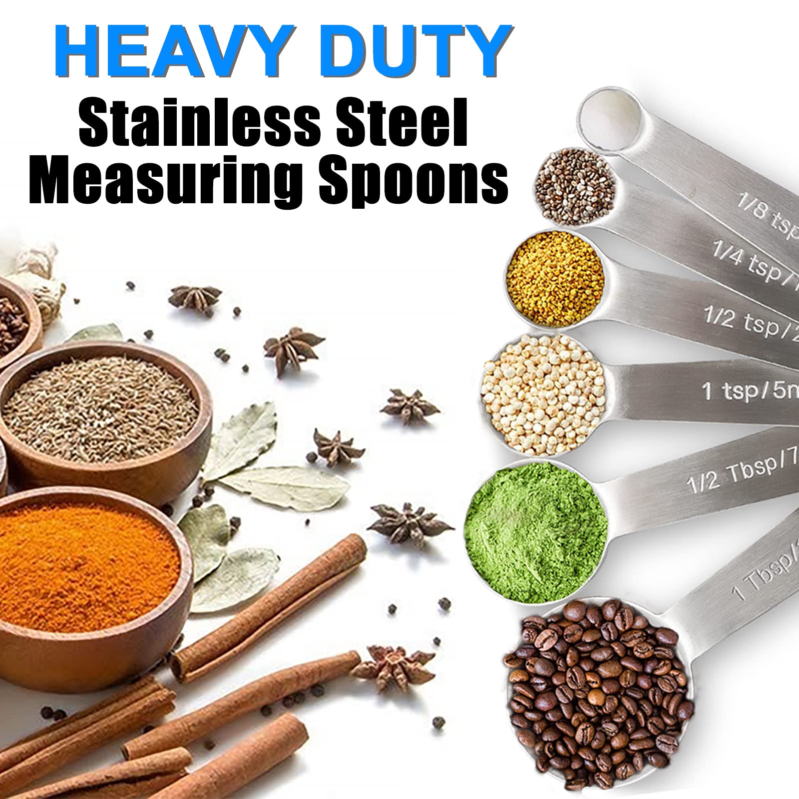 Rena Chris Premium Stainless Steel Measuring Spoons Set of 6, Heavy Duty, Metric & US Measurements, Silver