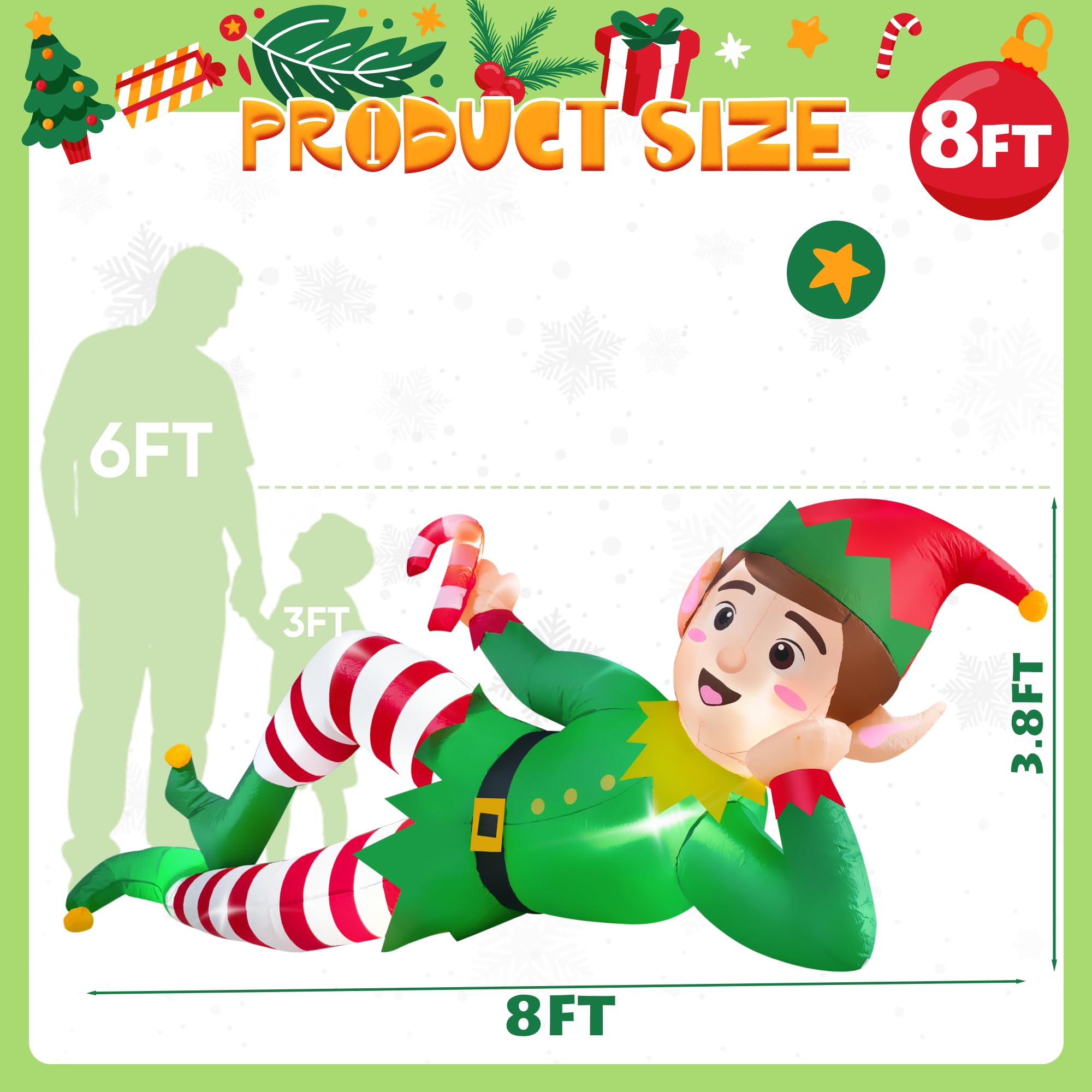 CORALMEE 8 FT Christmas Inflatable Outdoor Decoration, Lying Elf Christmas Blow up Yard Decorations with LED Lights, Elf Inflata