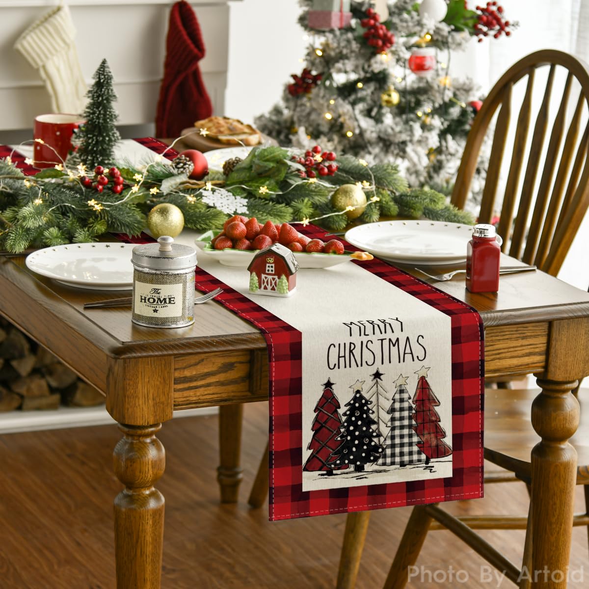 Artoid Mode Red Buffalo Plaid Xmas Trees 2Pcs Merry Christmas Table Runner, Seasonal Winter Holiday Table Decoration For Home Pa