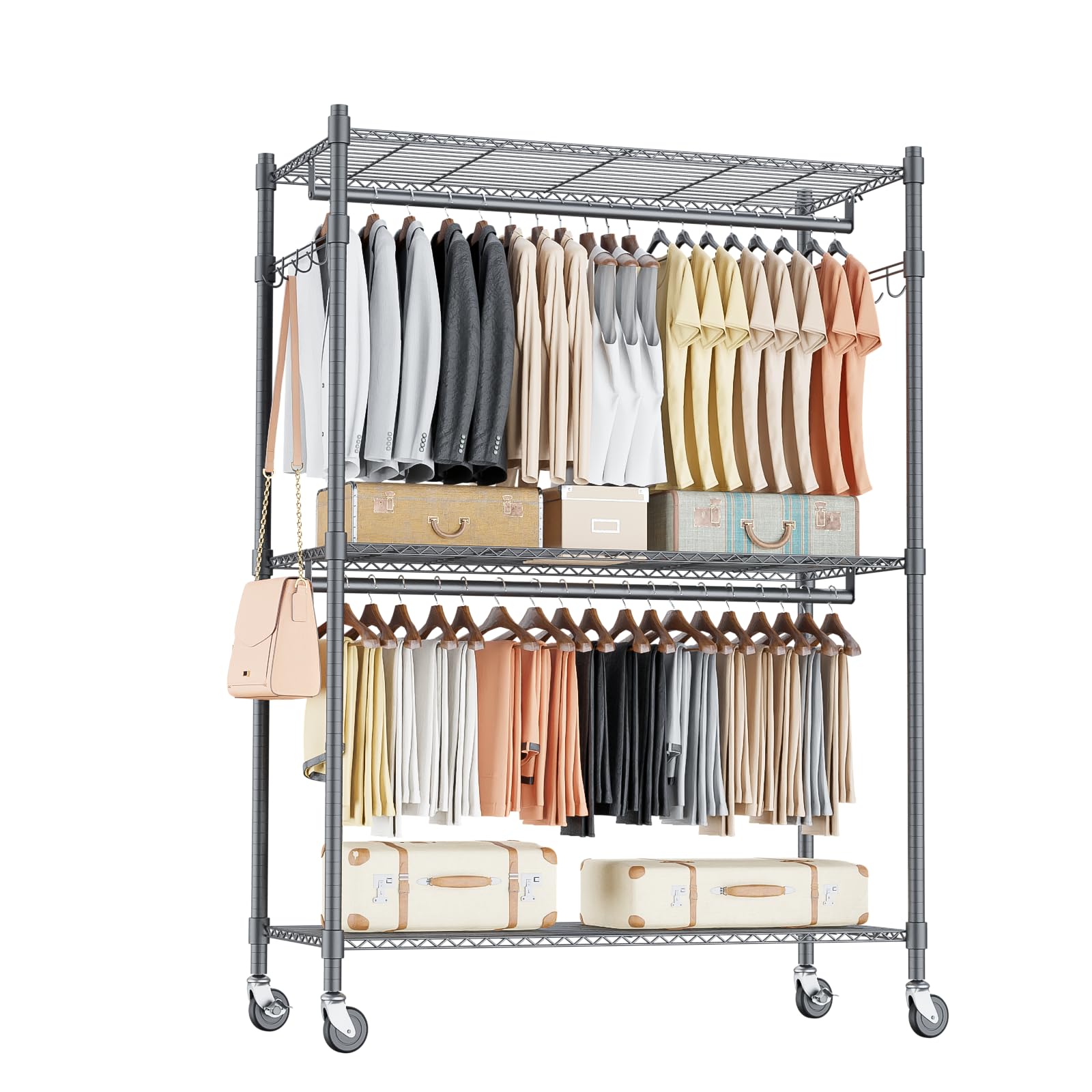 Homdox Heavy Duty Rolling Clothing Rack, Adjustable Garment Rack With 3 Tier Storage Shelves, Freestanding Closet Wardrobe For H