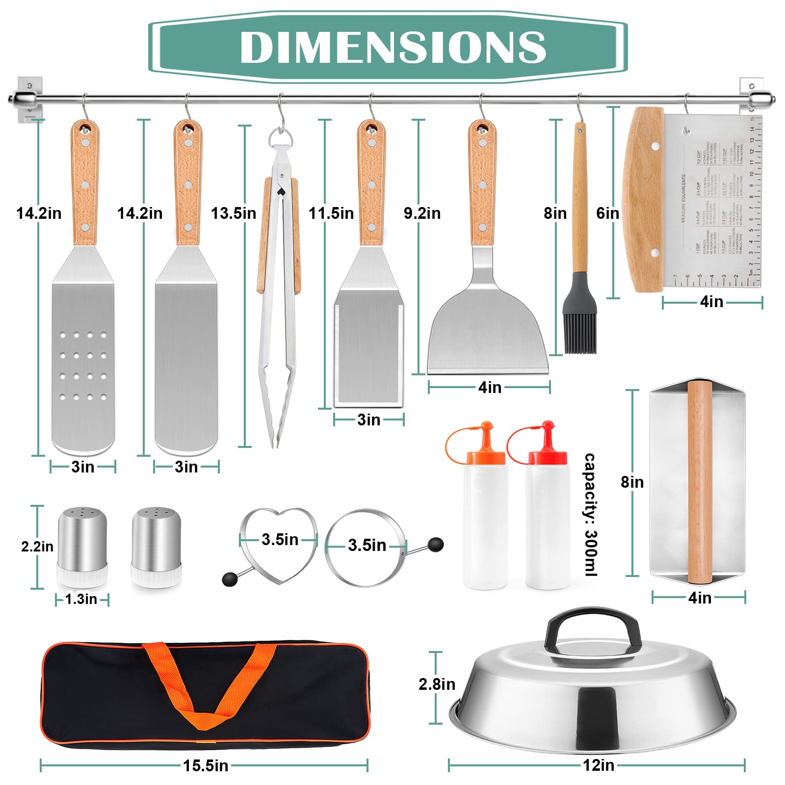 HaSteeL Griddle Accessories Kit  Stainless Steel Metal Spatula Tools Set of 16  Heavy Duty Griddle Spatulas & 12In Melting Dome for Flat Top Teppanyaki Cooking Grilling Indoor & Outdoor  Wooden Handle