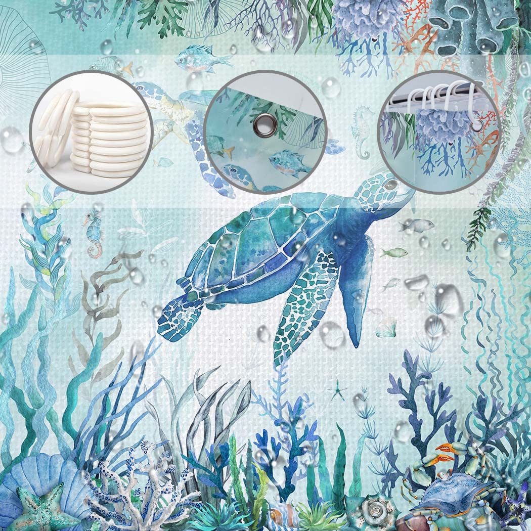 Juirnost Sea Turtle Shower Curtain Beach Coastal Shower Curtains For Bathroom Ocean Turtle Bathroom Decor Underwater Seashell Tr