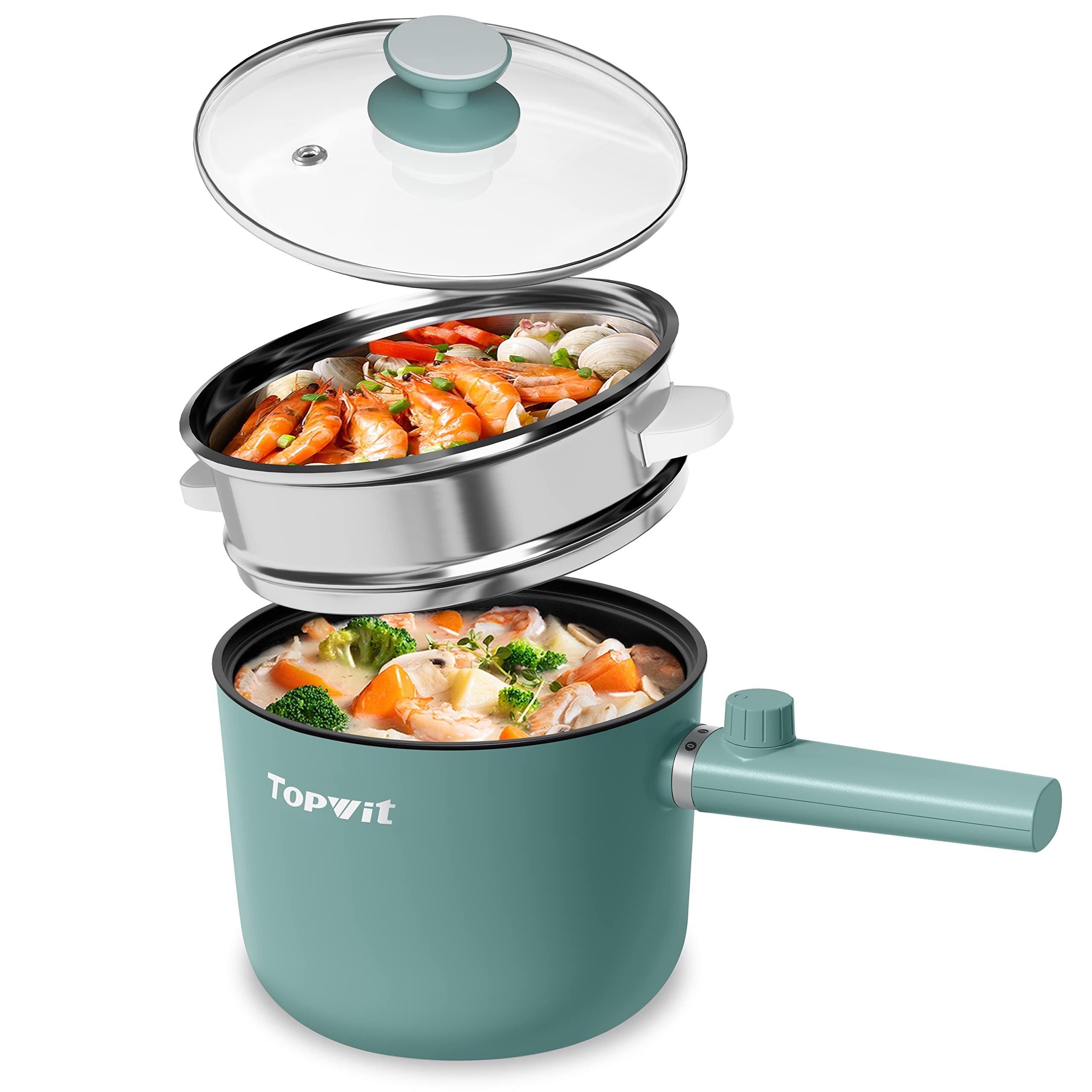 Topwit Hot Pot Electric with Steamer, 1.5L Ramen Cooker, Non-Stick Saut   Pan, Portable Cooking Pot, Electric Cooker with Dual P