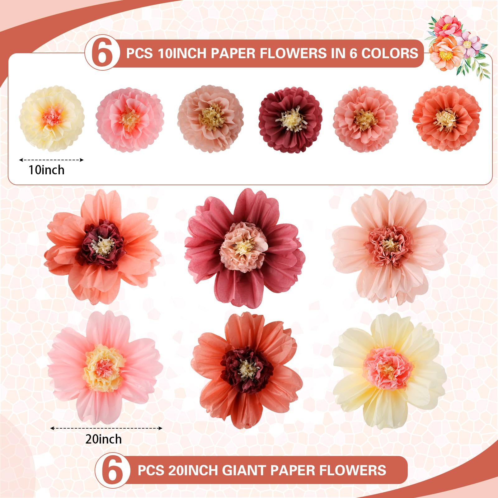 Crowye 12 Pcs Large Colorful Tissue Paper Flowers 20'' Handcrafted Giant Fiesta Paper Flowers For Mexican Party Wedding Birthday