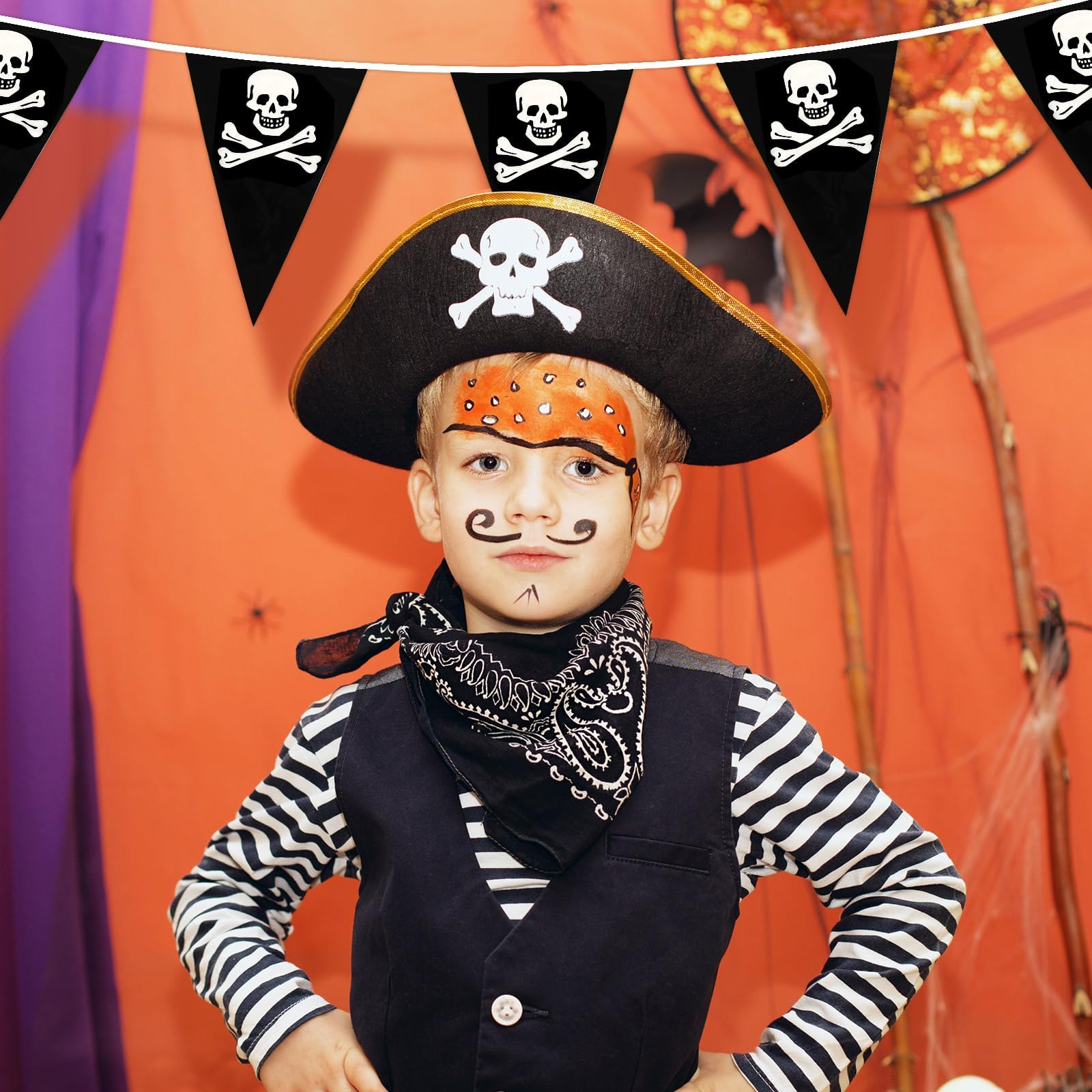 MARFOREVER 164 Ft Halloween Pirate Banner Bunting, 80 Pcs Pirate Birthday Party Decorations Skull Triangle Pennant Flag for Hall