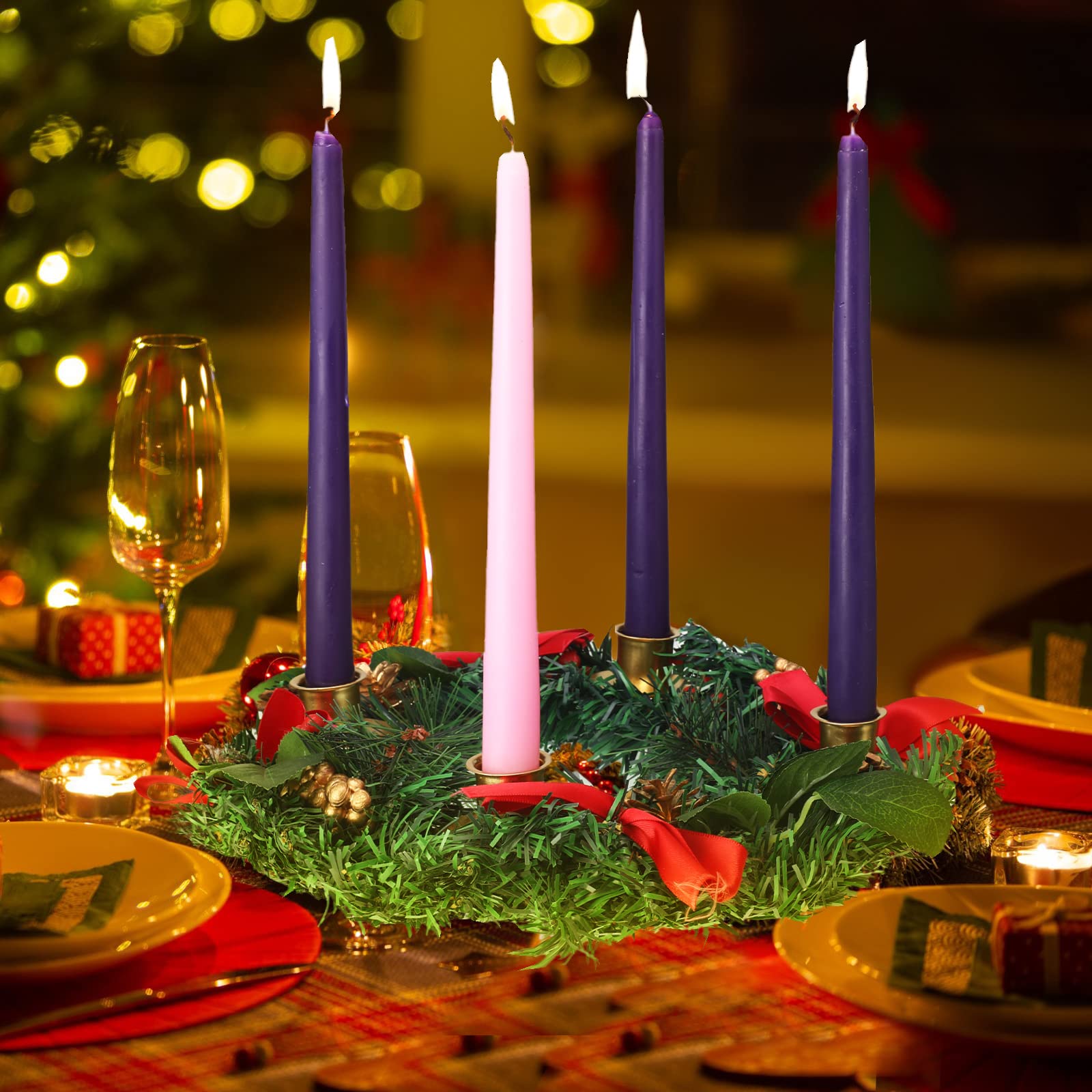 Dingion 12 Inch Christmas Advent Wreath Advent Candle Holder with 4 Taper Candles Remote Control Christmas Centerpiece Decoratio