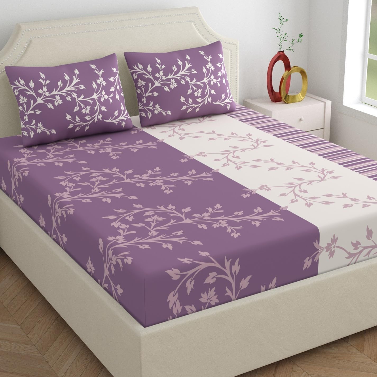Dreamscape 100% Cotton Double Bedsheet With 2 Pillow Covers, 144Tc Cotton Floral Blue Bedsheet For Double Bed (7.2Ft X 8.3Ft)