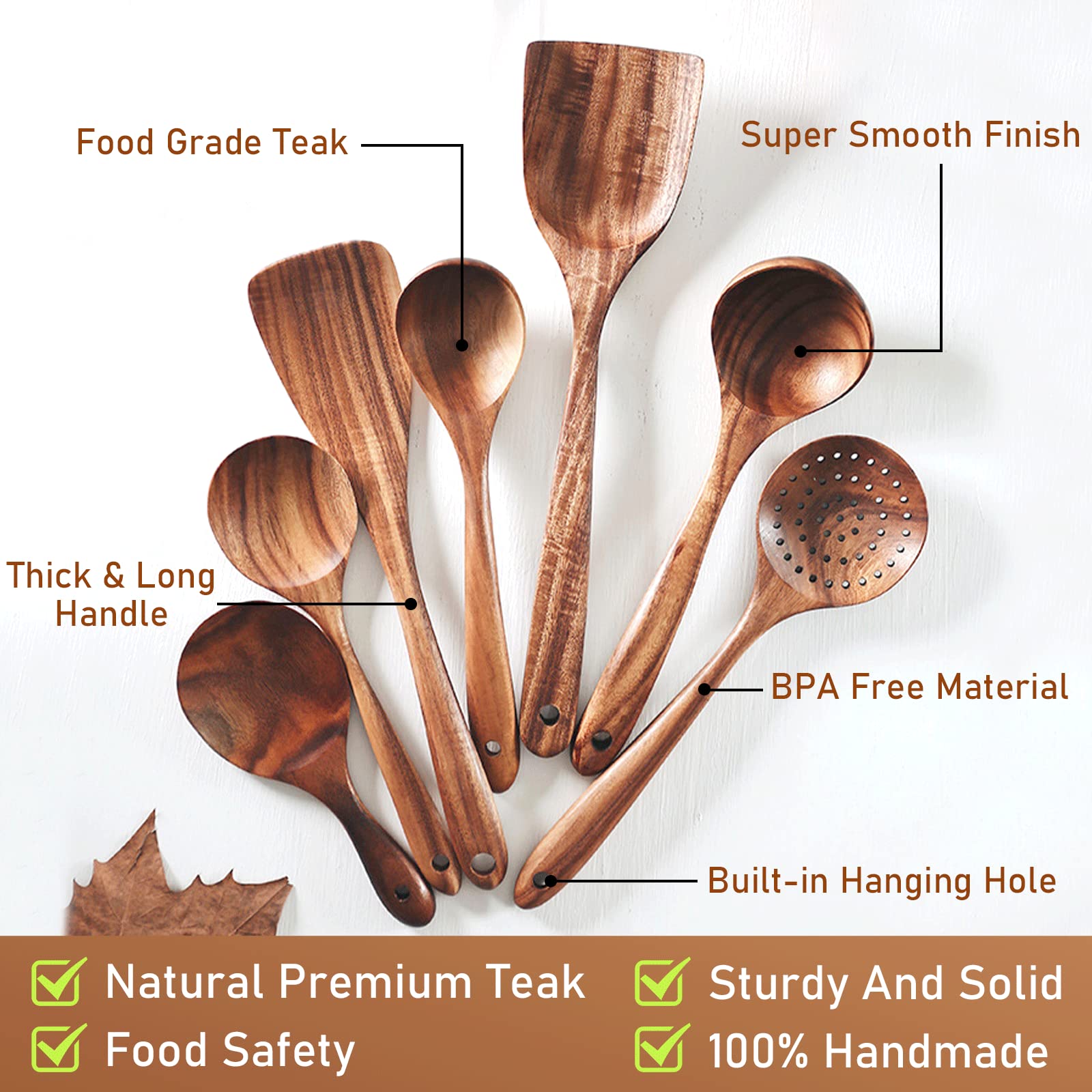 Fjnatinh 7-Piece Nonstick Wooden Cooking Utensils Set, Natural And Healthy Kitchen Utensils(7 Pcs)