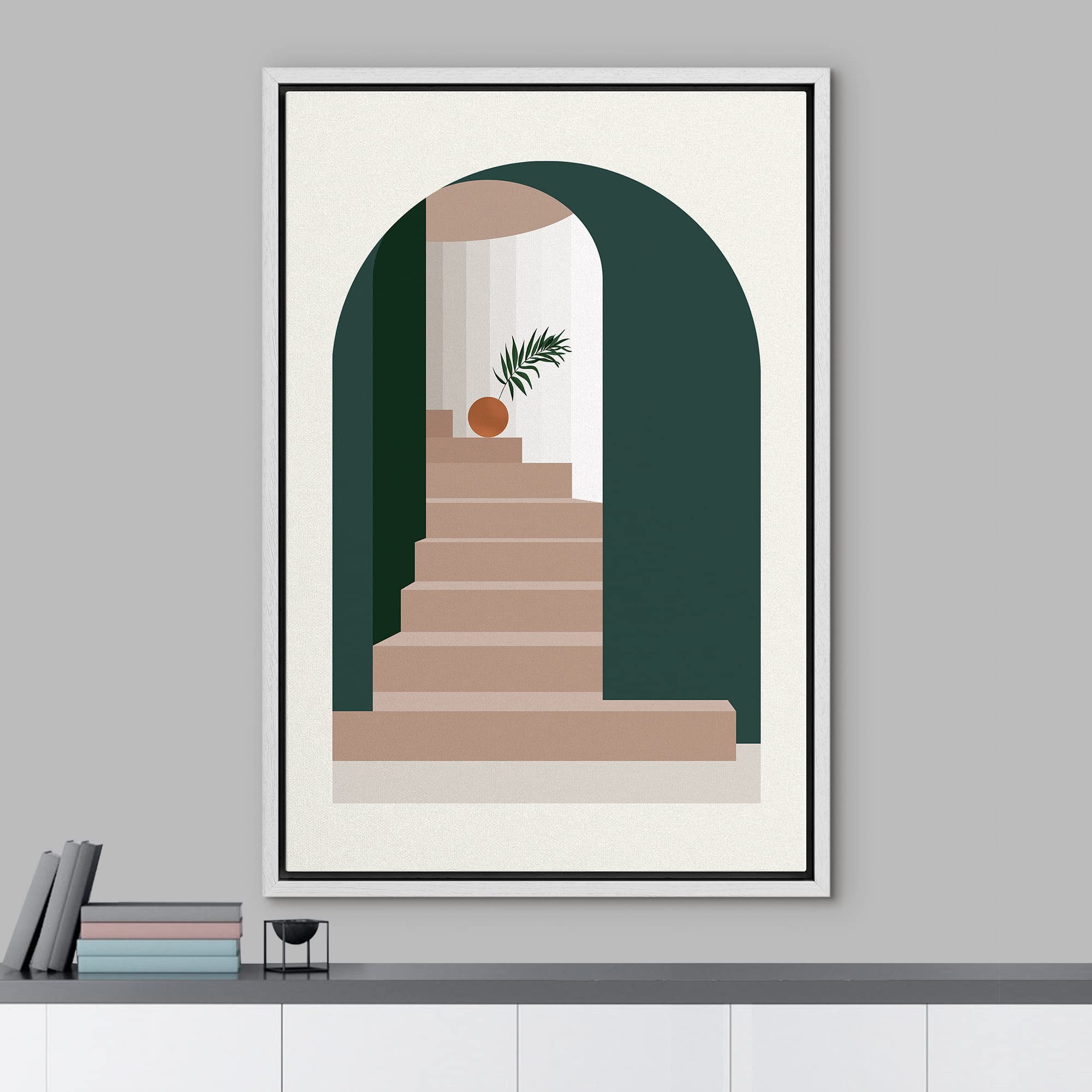 Nwt Framed Canvas Print Wall Morandi Colour Illustrations Arch Are View Room With Staircase & Palm Leaf Geometric Shapes Illustr
