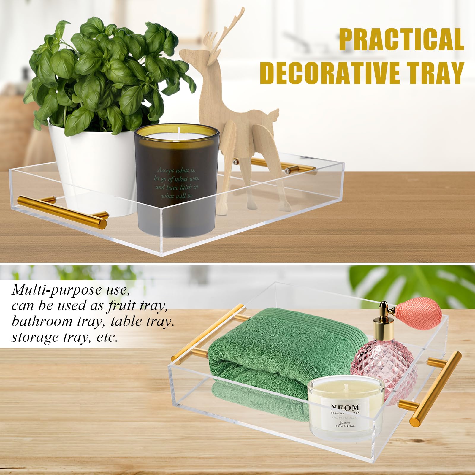Vevitts 3 Pack Clear Acrylic Serving Tray With Gold Handles Serving Tray Spill Proof Acrylic Bathroom Tray Decorative Tray Organ