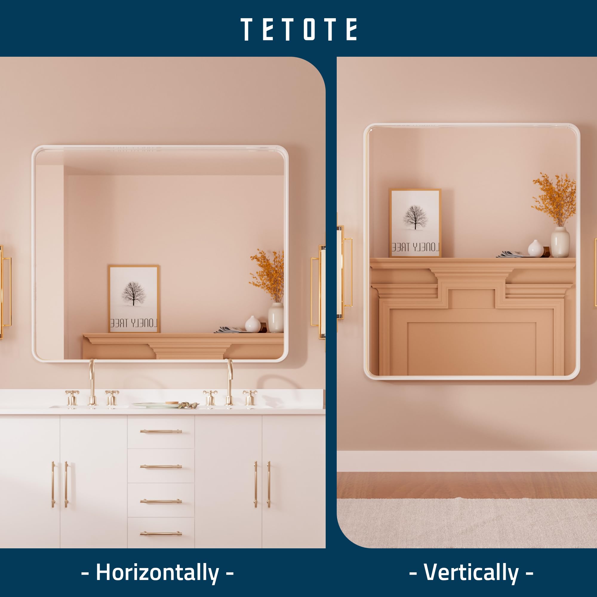 Tetote White Bathroom Mirror 42 X 36 Metal Frame Wall Mounted Rectangle Mirror For Vanity With Sandy Textured Surface(Horizontal