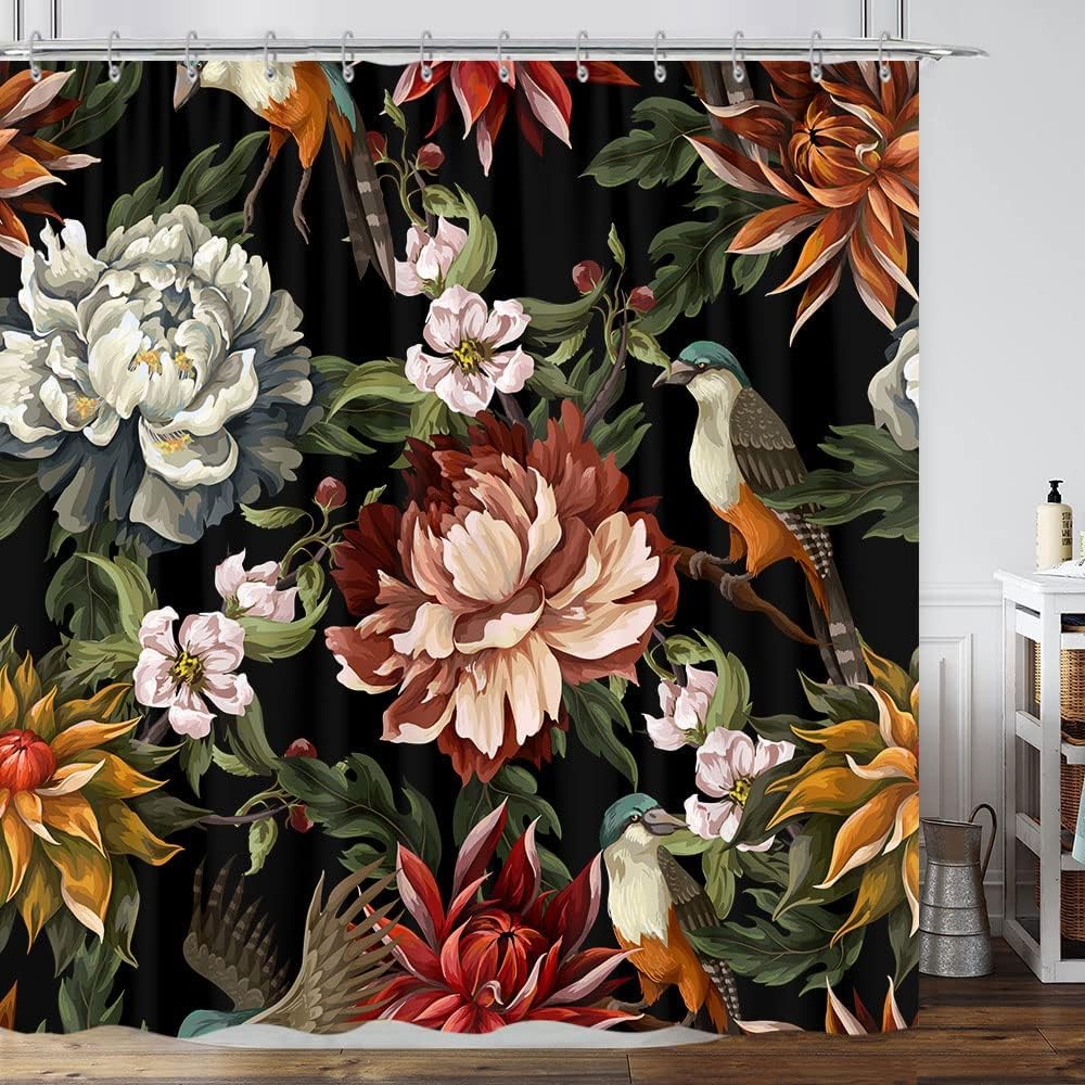 Goaok Black Boho Floral Shower Curtain, Bright Abstract Bohemian Tropical Leaves Plant Flower Botanical Bird Shower Curtain, Mod
