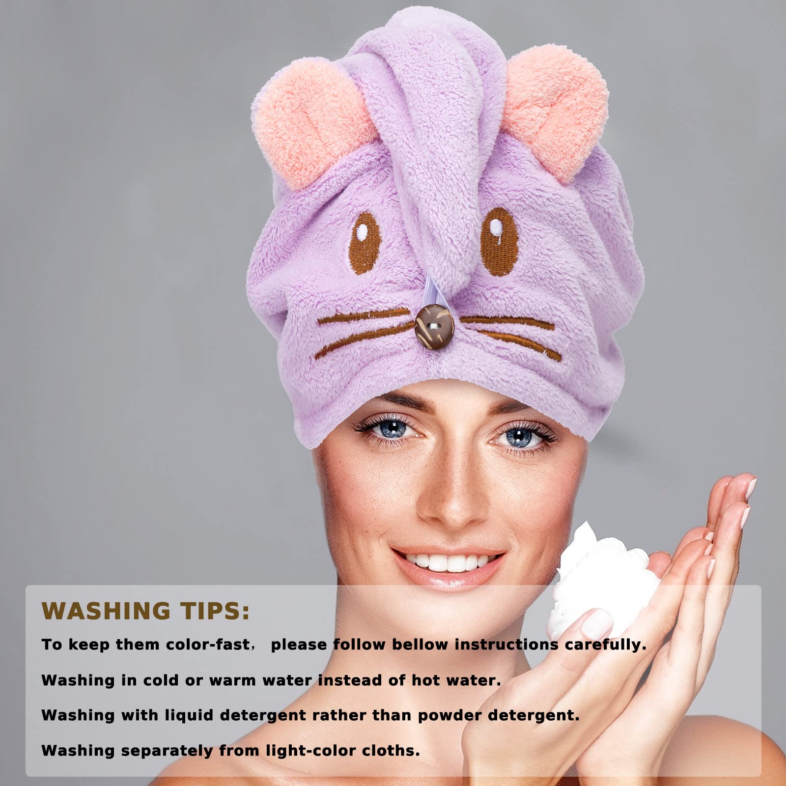 Whaline 2 Pack Parent-Child Quick Dry Hair Towel Cute Mouse Hair Towel Wrap Purple Pink Cotton Hair Turban Towels Super Absorben