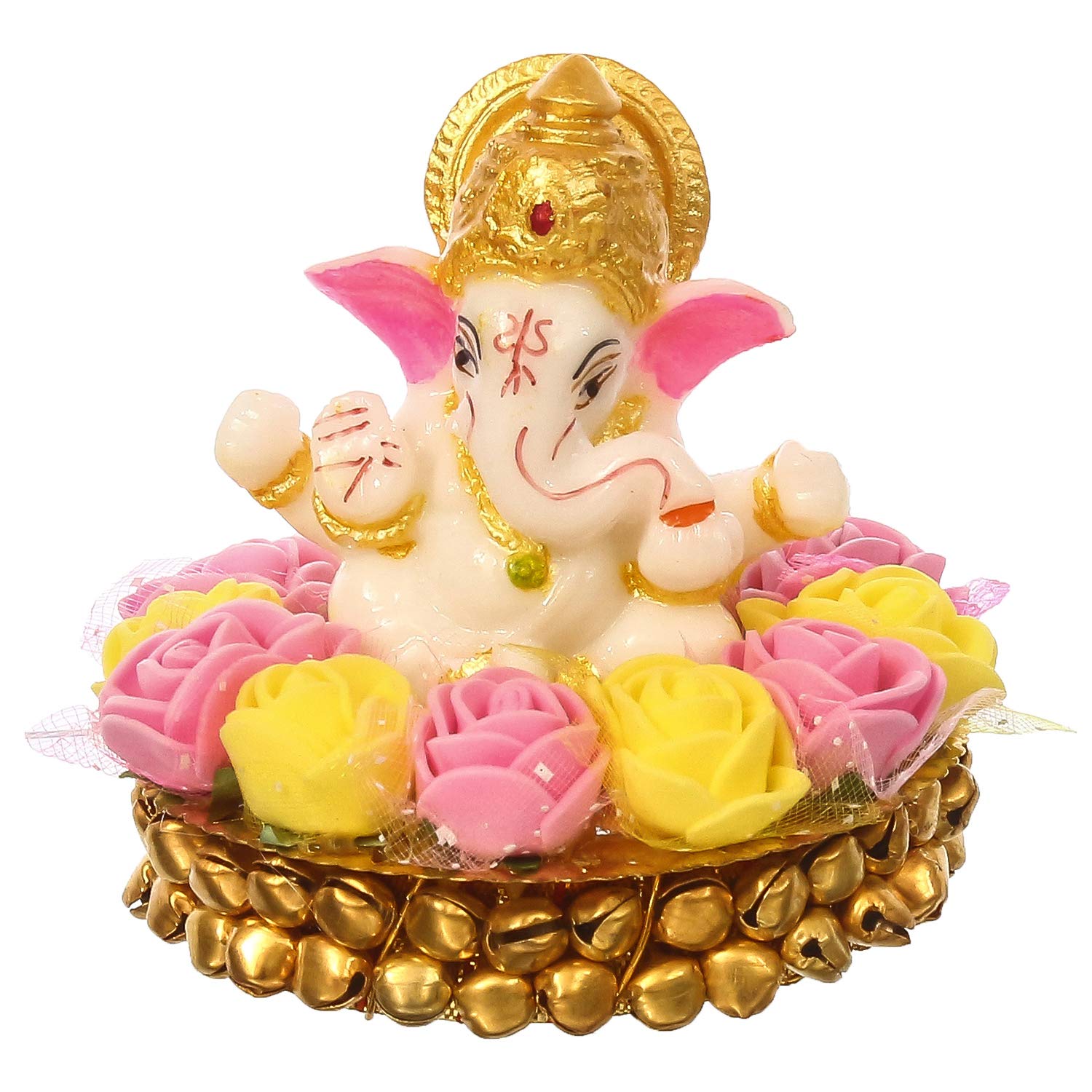 eCraftIndia Lord Ganesha Idol on Decorative Handcrafted Plate with Pink and Yellow Flowers