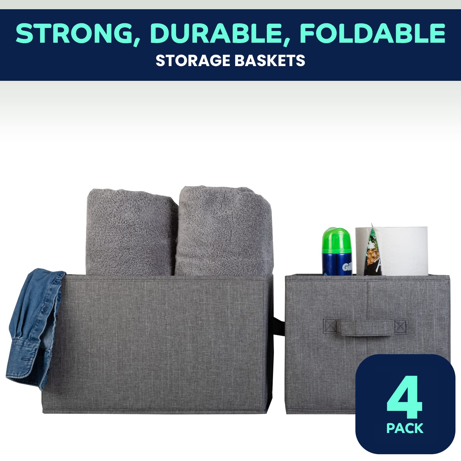 Pomatree Storage Baskets - 4 Pack - Sturdy Large Fabric Bins | Foldable Organizing Basket Bin For Home, Nursery, Closet & Shelve