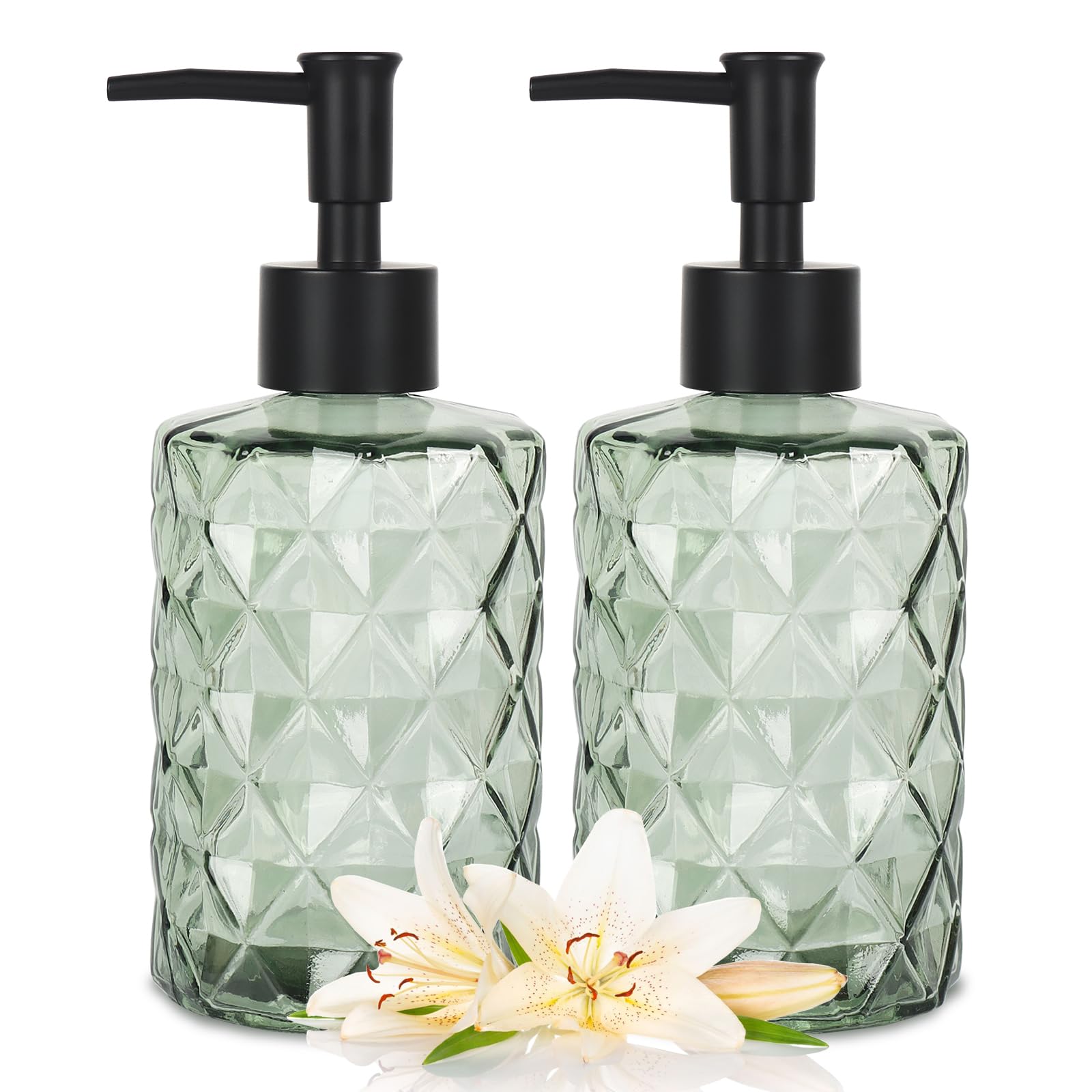 Clear Green Glass Soap Dispenser With Pump, 12Oz Diamond Design Hand Soap Dispenser, Refillable Lotion Dispenser & Dish Soap Dis