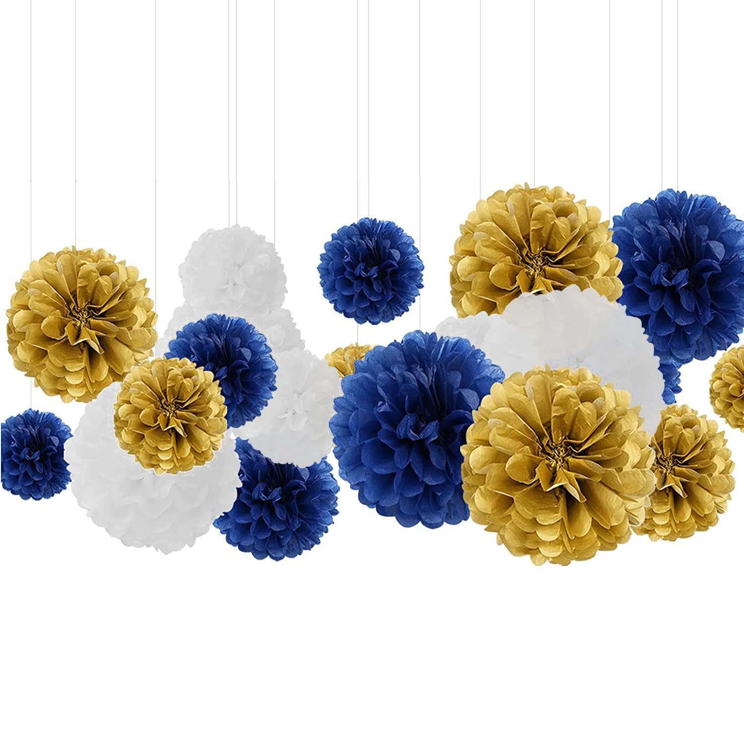 Aimtohome 12 Piece Pom Pom Party Kit In Navy Blue, Gold & White: Party, Wedding & Nursery Decoration