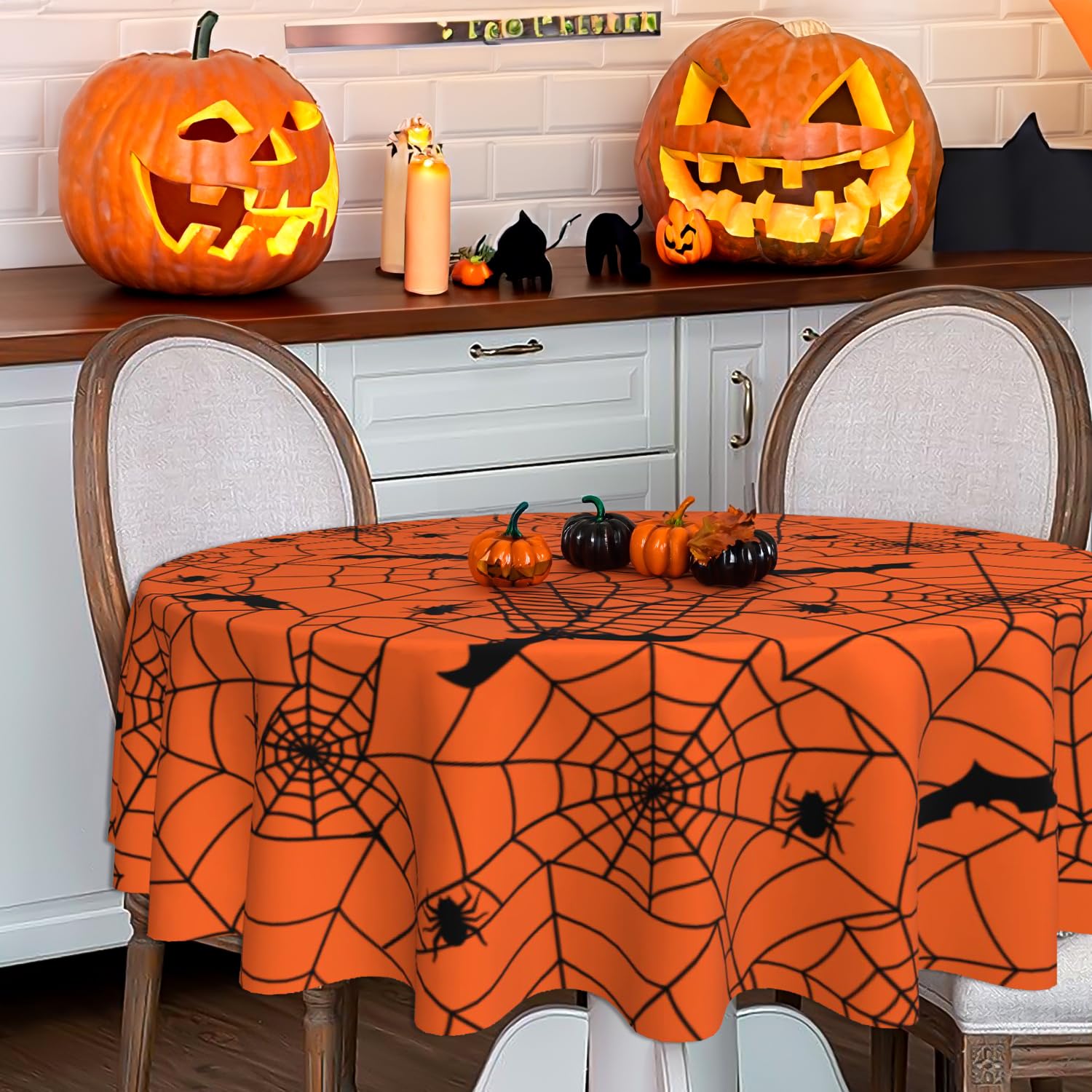 Suqkxco Halloween Tablecloth Spider Web Orange Round Tablecloth 60 Inch Table Cloths Cover Mat Spill Proof Table Covers For Kitc