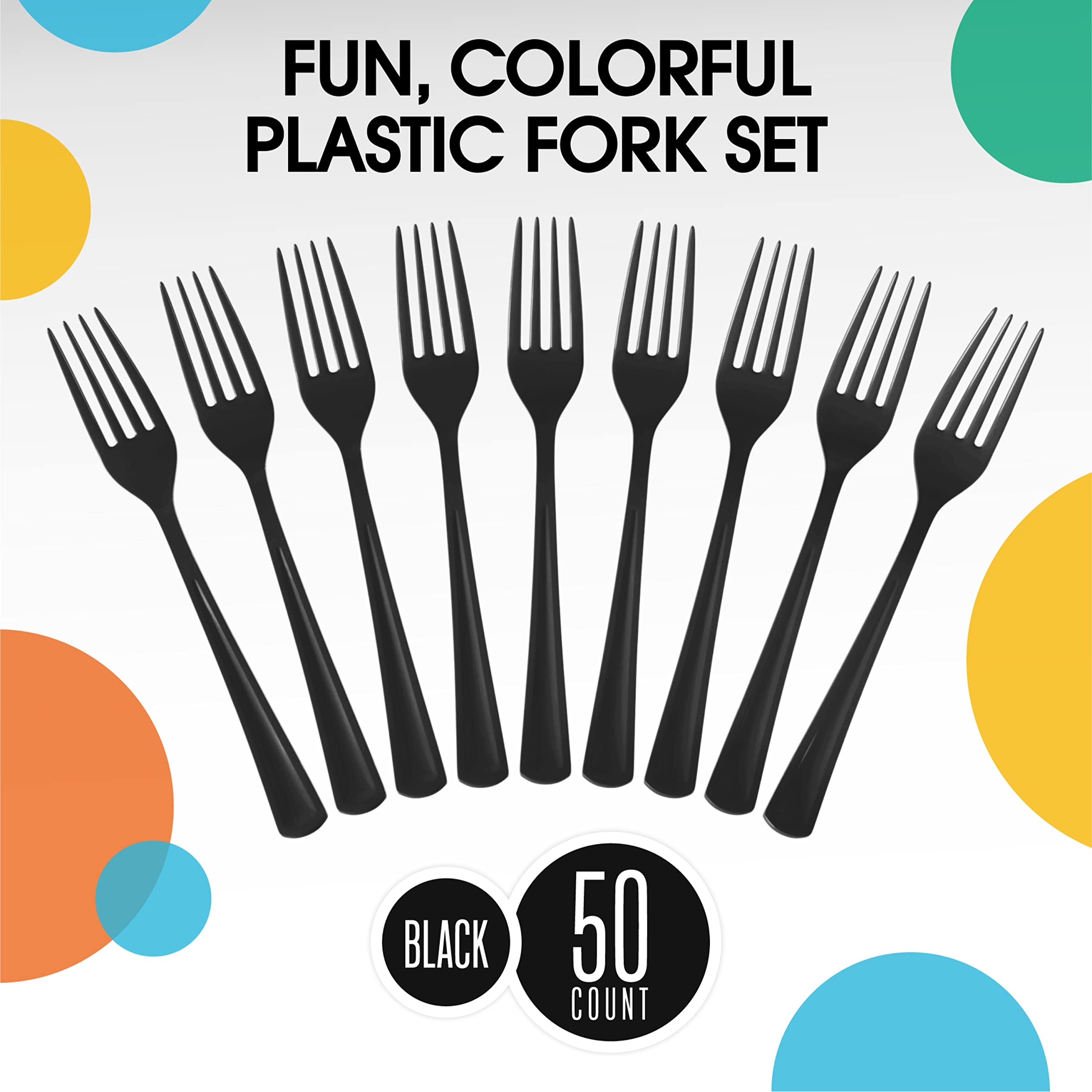 Exquisite Solid Color Premium Plastic Cutlery, Heavy Duty Plastic Disposable Forks - 50 Count - Black