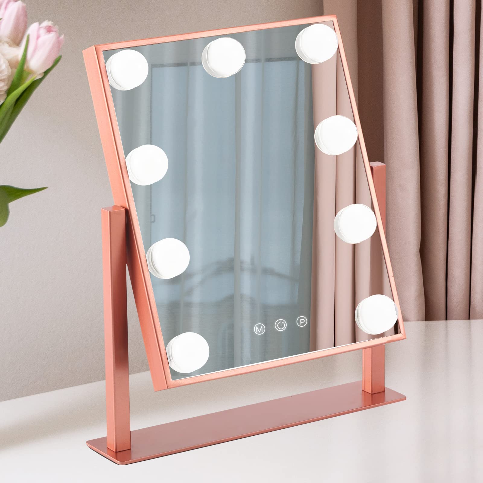 Bwllni Makeup Mirror With Lights, Hollywood Mirror Lighted Vanity Mirror With 9 Led Bulbs, Touch Control Design 3 Colors Dimmabl