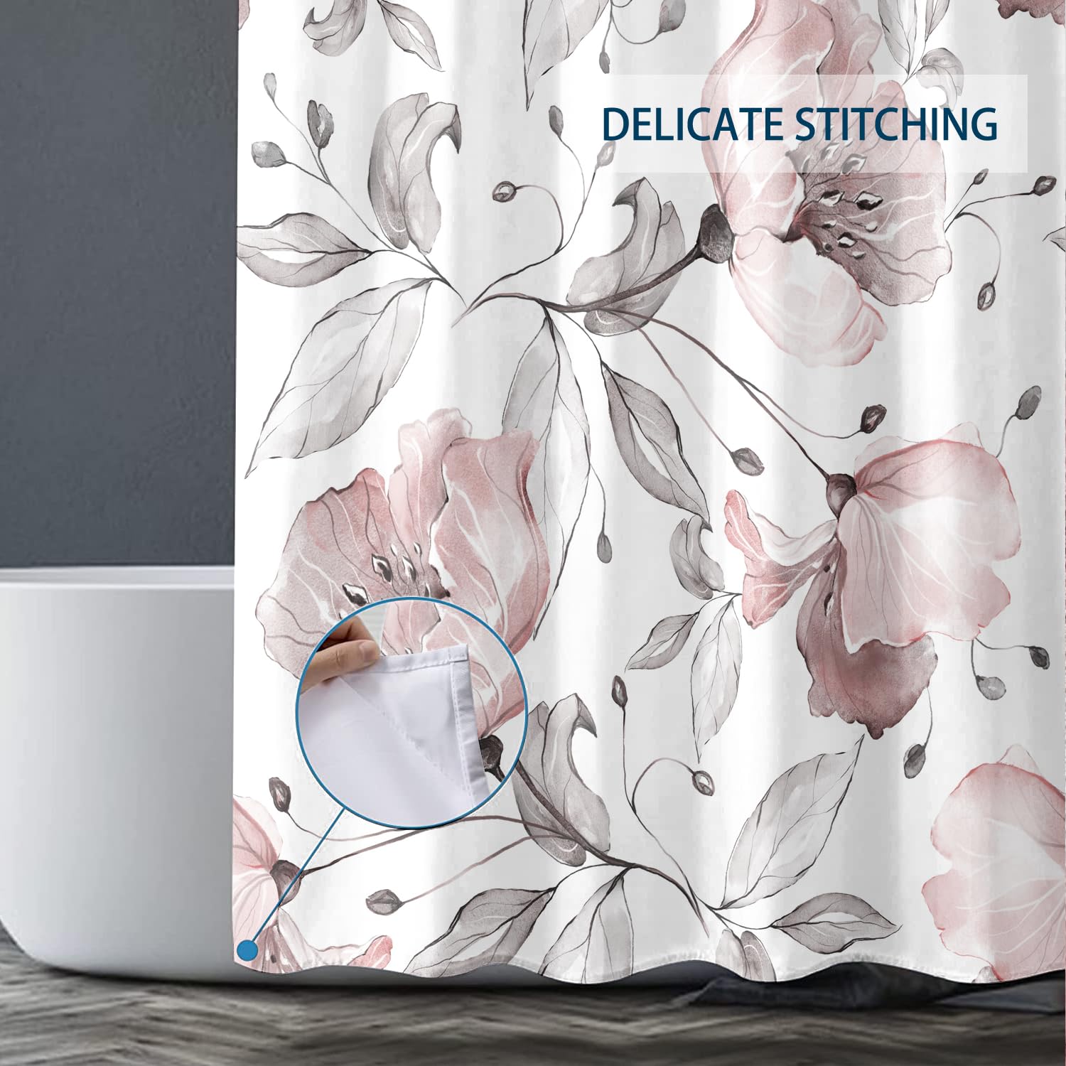 Bivinar Long Pink And White Floral Shower Curtain 72 X 78 Inch, Watercolor Flower Bathroom Shower Curtain, Fabric Waterproof Sho