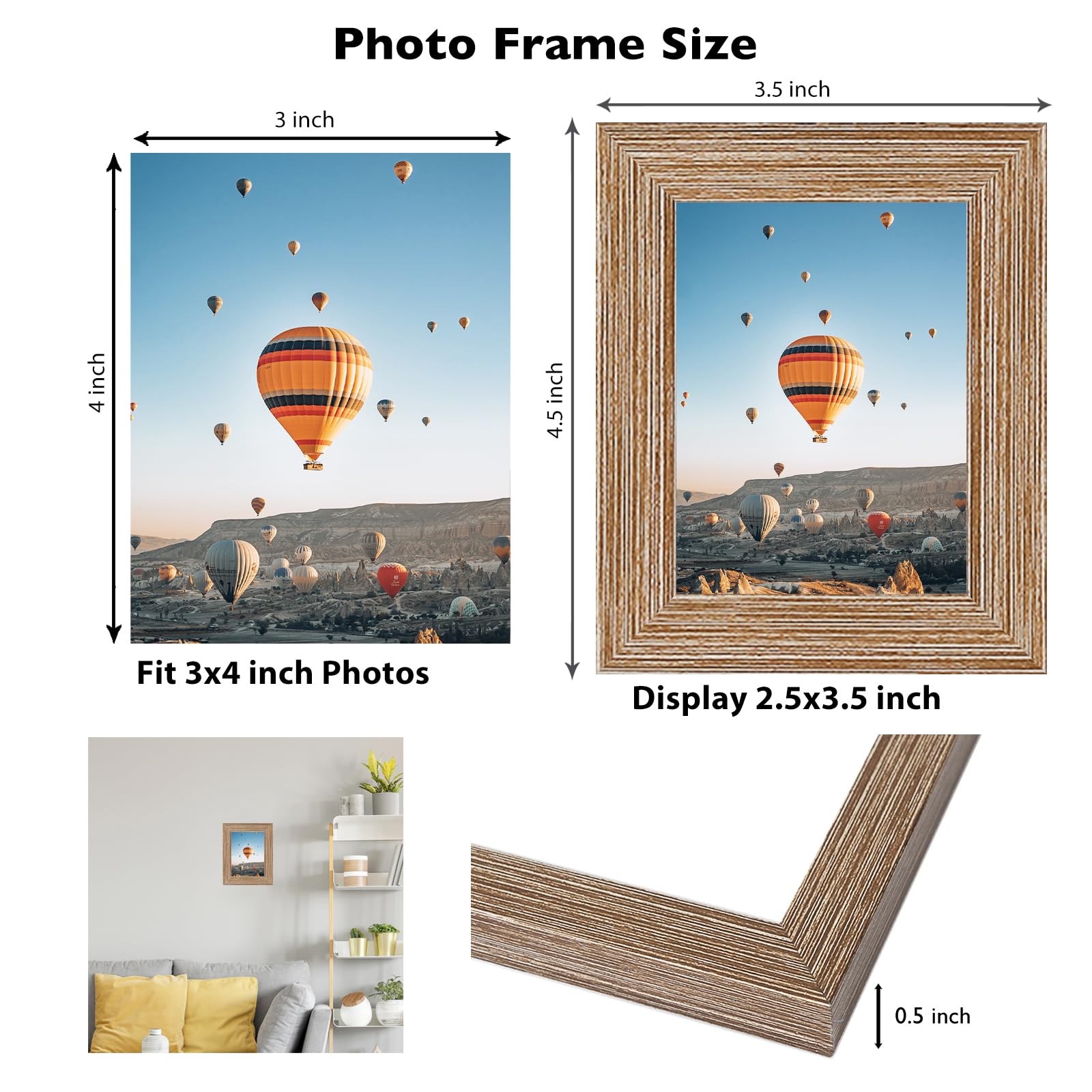 JCJMY 3x4 Picture Frame Black for Tabletop or Wall, 3 x 4 Wall Gallery Poster Photo Frame with Shatter Resistant Plexiglass, Rus