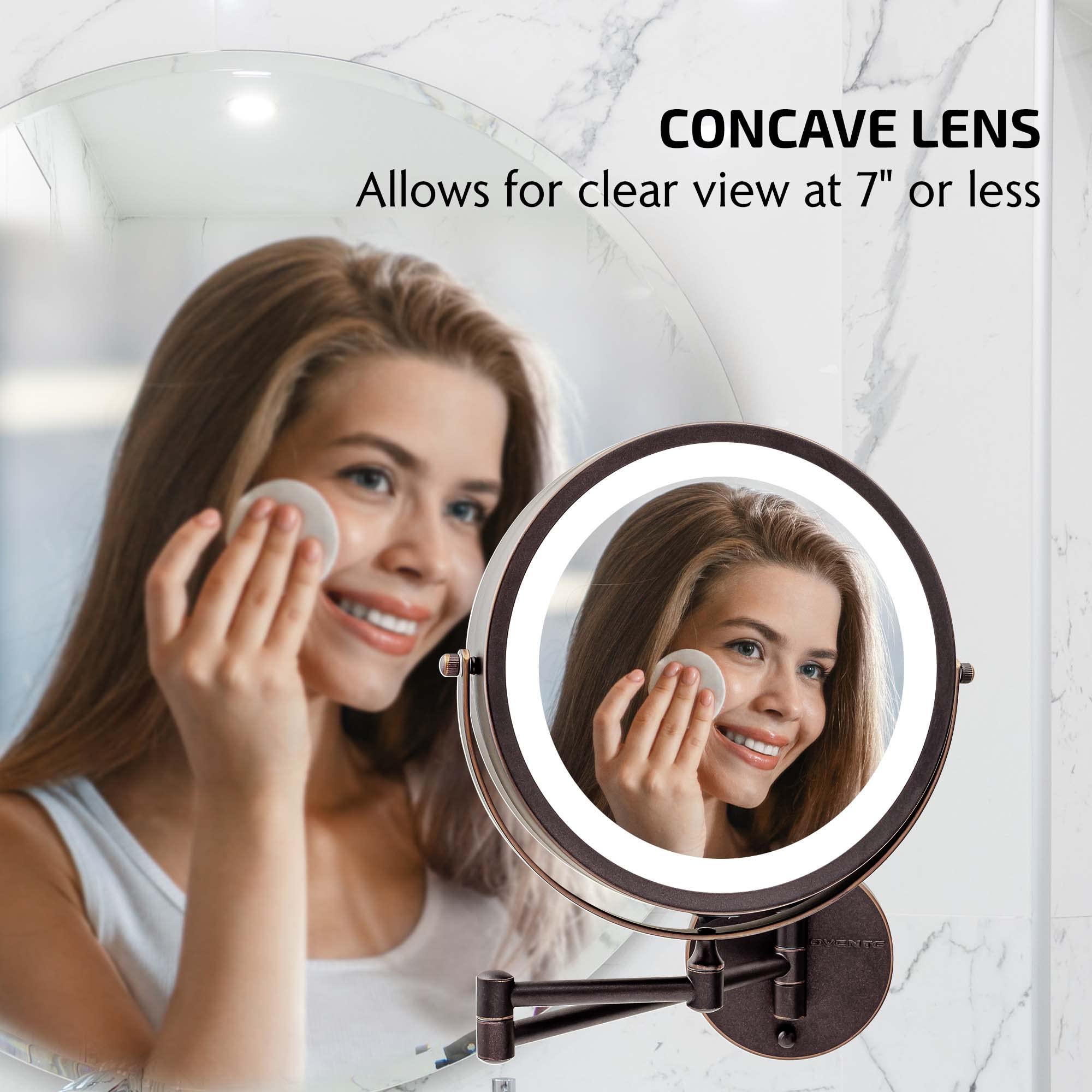 Ovente 9'' Lighted Wall Mount Makeup Mirror With 1X/7X Magnification, Cordless Double Sided Magnifying Round Vanity Mirror, 360