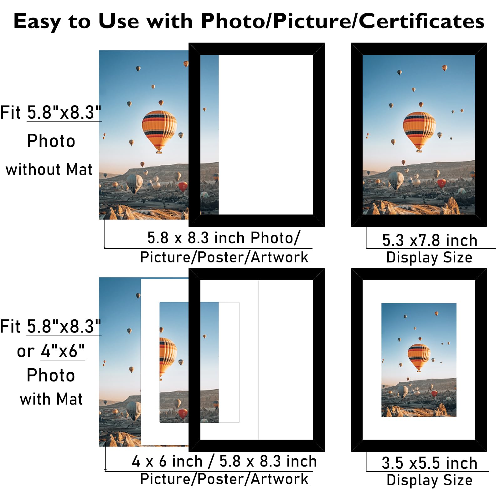 JCJMY 5.8x8.3 A5 Picture Frame Black with 4x6 Mat for Wall Hanging or Tabletop, Display Photo 4x6 with Mat or 5.8 x 8.3 Without