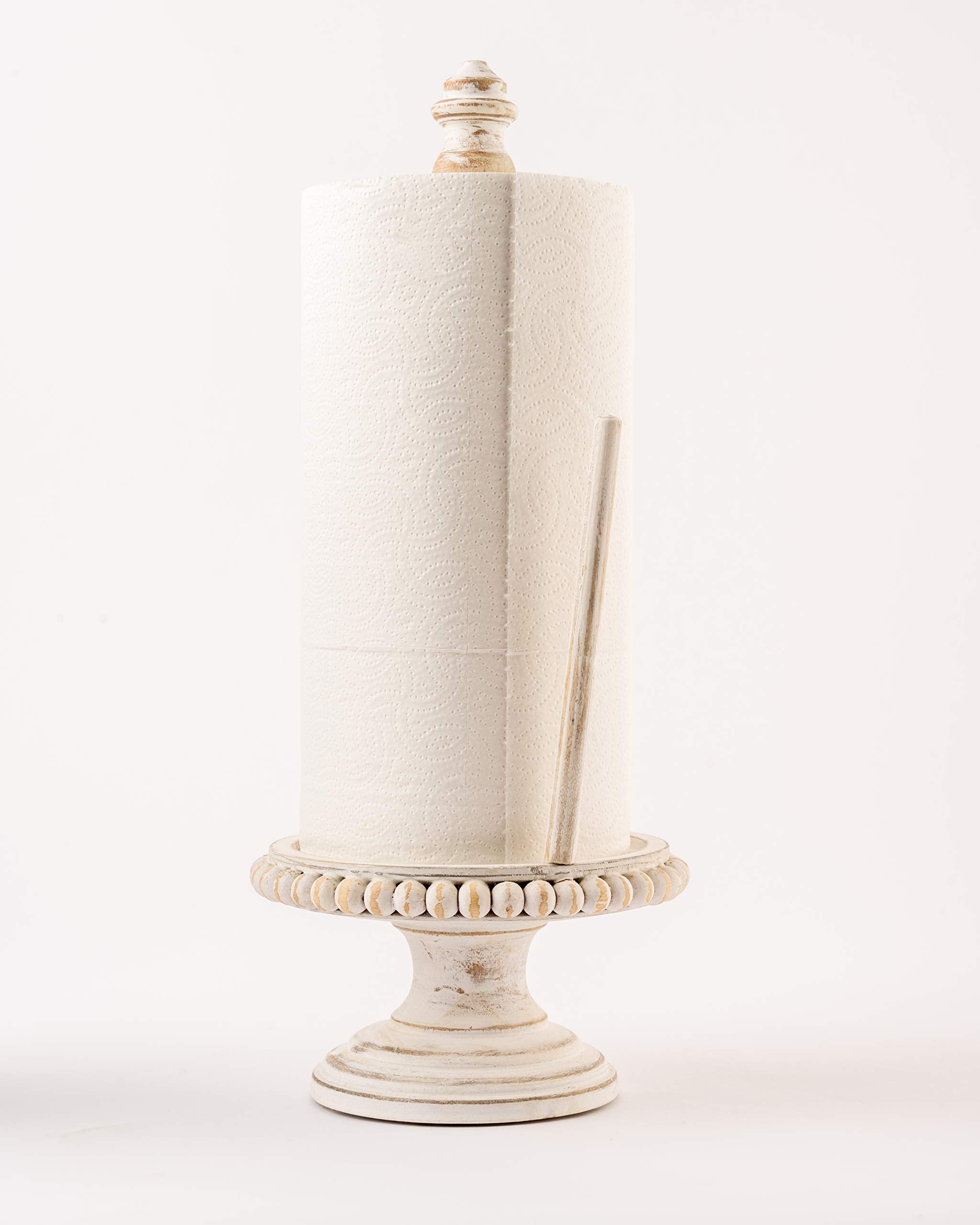 Mud Pie 47100002 Farmhouse Washed Beaded Wood Pedestal Paper Towel Holder, 16'' X 6'' Dia, White, Grey