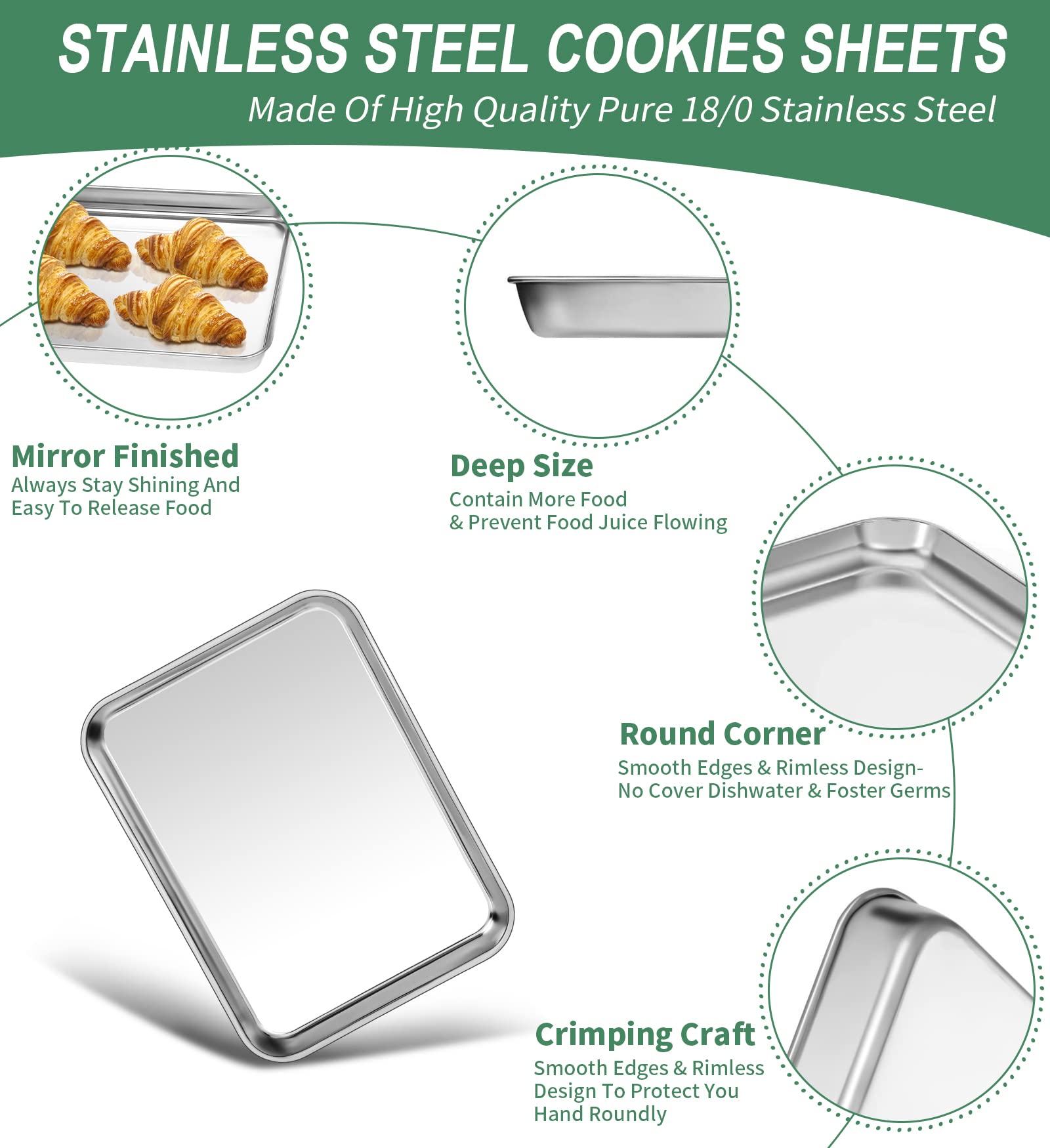 HKJ Chef Stainless Steel Baking Sheets Set of 2, 9x7x1 inch, Silver, Non-Toxic, Easy Clean Cookie Pans for Toaster Oven