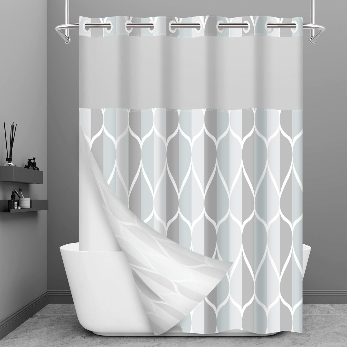 Yiatn No Hook Grey Shower Curtain With Snap In Fabric Liner Set - Hotel Style With See Through Mesh Top Window, Modern Geometric