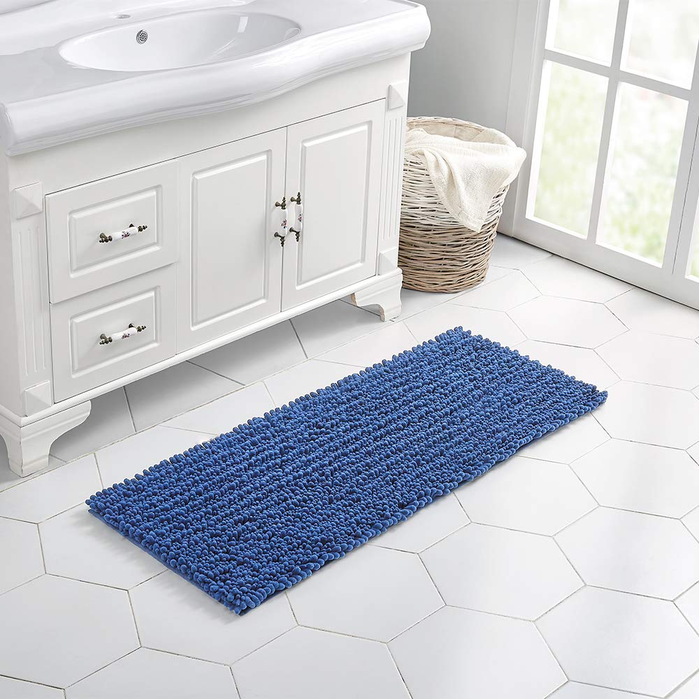 Walensee Bathroom Rug Non Slip Bath Mat (44X24 Inch Dark Blue) Water Absorbent Super Soft Shaggy Chenille Machine Washable Dry E